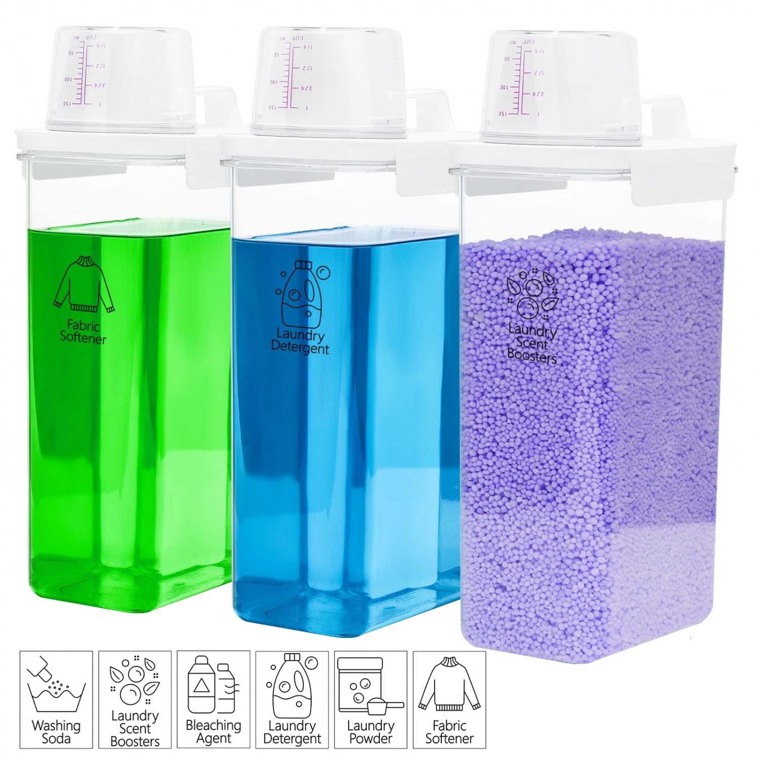 3-Pack Laundry Detergent Dispenser Set - 78oz Liquid Soap Dispenser with 6 Removable Labels (Detergent, Softener, Bleach) - Perfect for Laundry Room Organization & Storage Solutions - Ideal for Apartments, Homes, and Shared Laundry Spaces