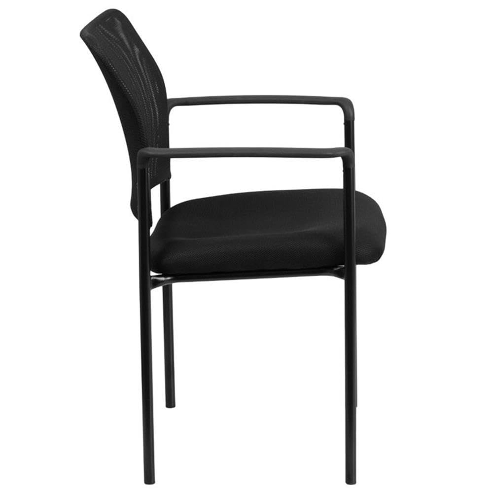 BOWERY HILL Black Mesh Stacking Side Arm Chair - Modern Outdoor Patio Dining & Poolside Seating Furniture