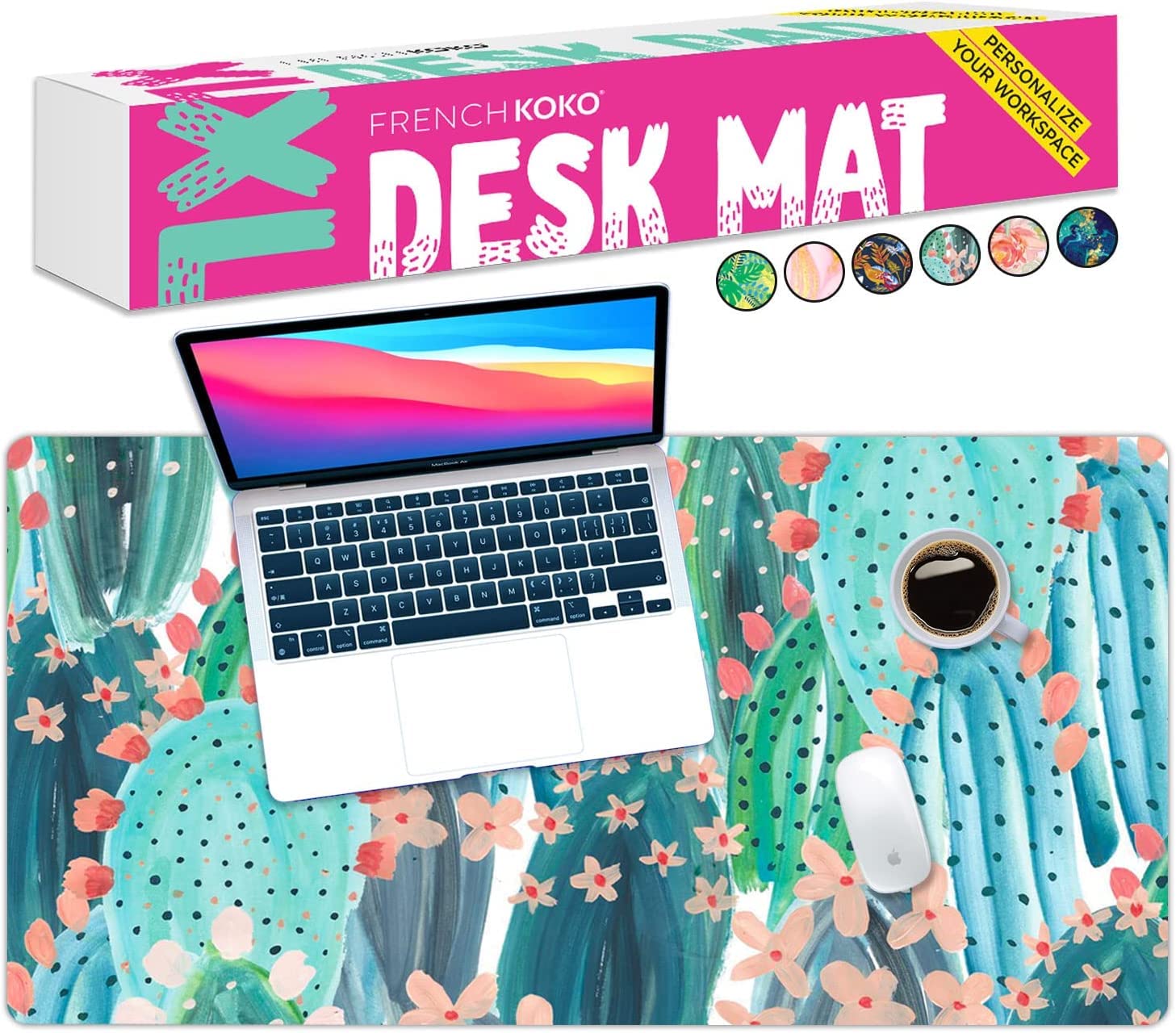 French Koko Large Mouse Pad - Extra Long Desk Mat with Keyboard Pad, Cute Cactus Design in Pink & Green | Perfect for Home Office, School, College & Gaming Setup | Non-Slip Desktop Accessory for Women & Girls (XL Size)