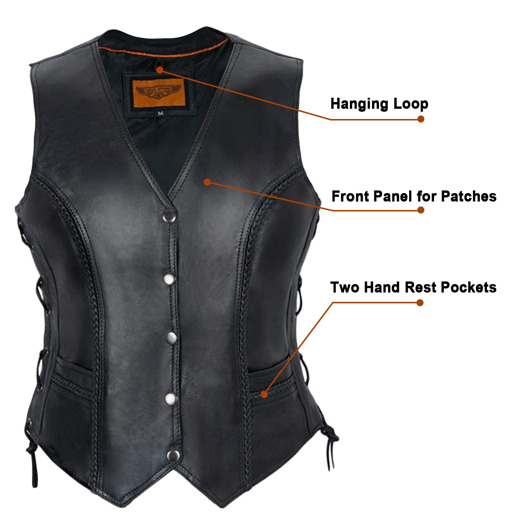 Dream Apparel Women's Black Leather Motorcycle Vest with Concealed Carry Pockets & Side Laces - Biker Jacket for Riding, Motorcycle Club, Harley Davidson & Outdoor Adventures