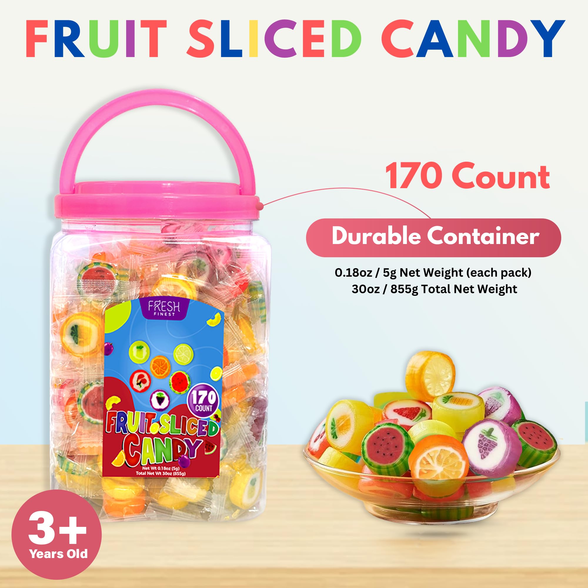 Bulk Hard Candy Fruit Slices - 170 Individually Wrapped Pieces (855g) | Assorted Fruit Flavored Candies for Parties, Office Snacks & Gift Bags | Fresh Finest Quality