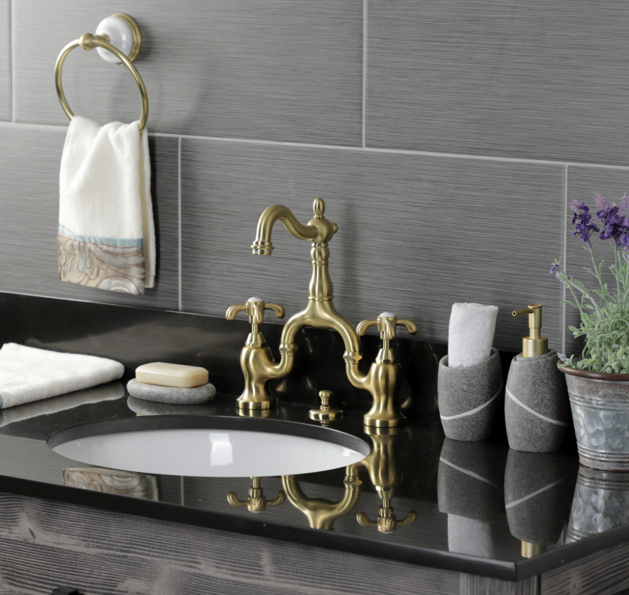 Premium European Bridge Bathroom Faucet with Pop-Up Drain and Spoke Handles - Modern Matte Black Finish for Vanity Sinks, Powder Rooms & Guest Bathrooms