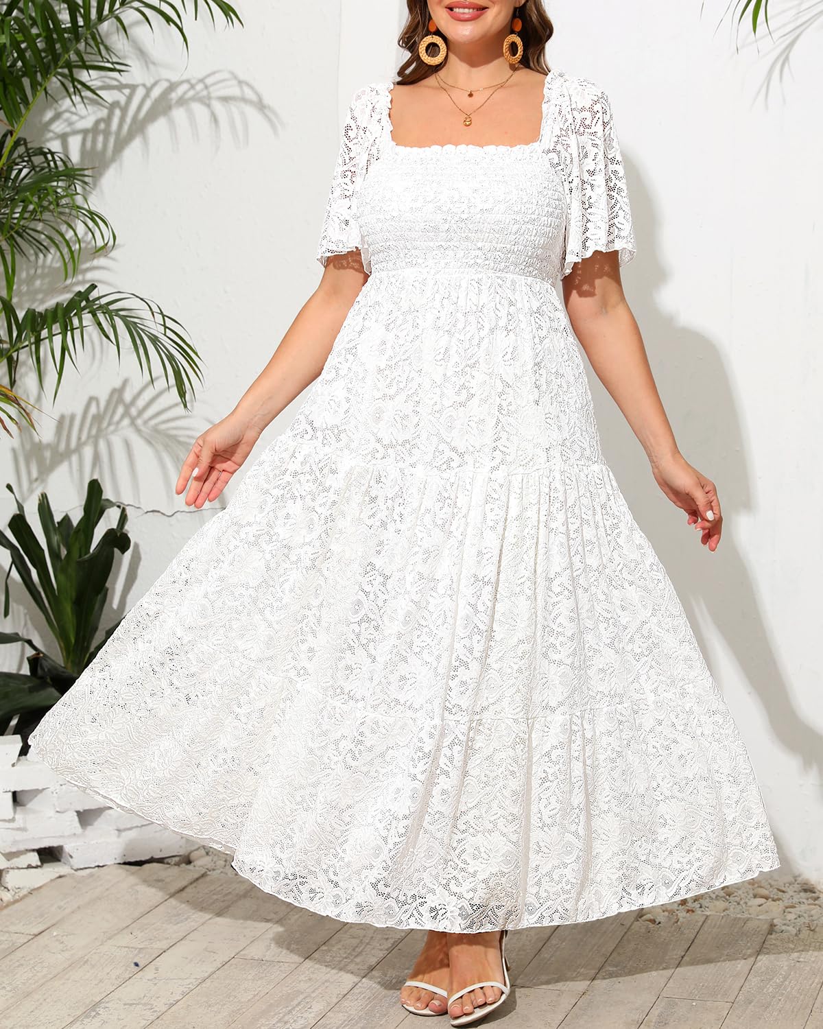 Plus Size Floral Lace Wedding Dress for Women - Boho Maxi Dress with Smocked Waist & Tiered Skirt | Perfect for Beach Weddings, Garden Parties & Summer Vacations