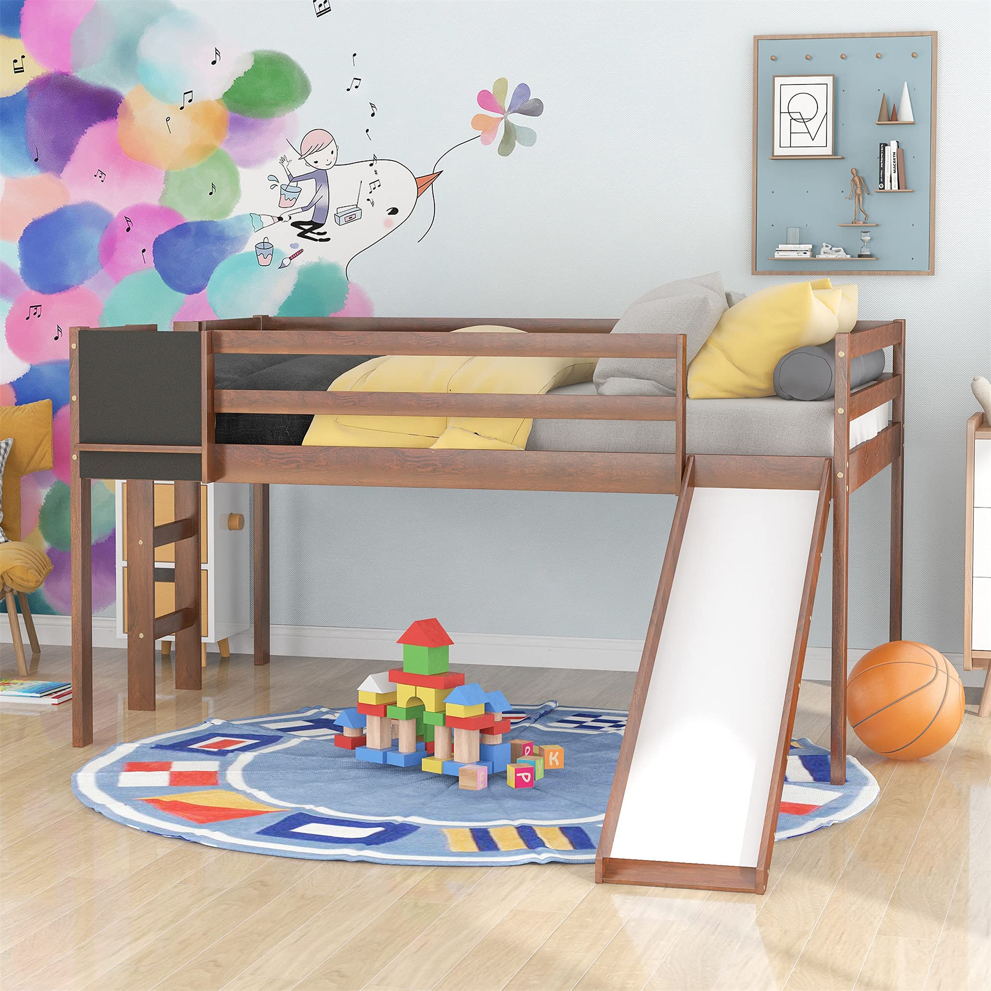 Full Size Loft Bed with Slide - Solid Wood Low Loft Bed with Chalkboard for Kids | Boys & Girls Twin Bed with Study Area (Walnut Finish) | Perfect for Small Bedrooms, Playrooms & Dorm Rooms