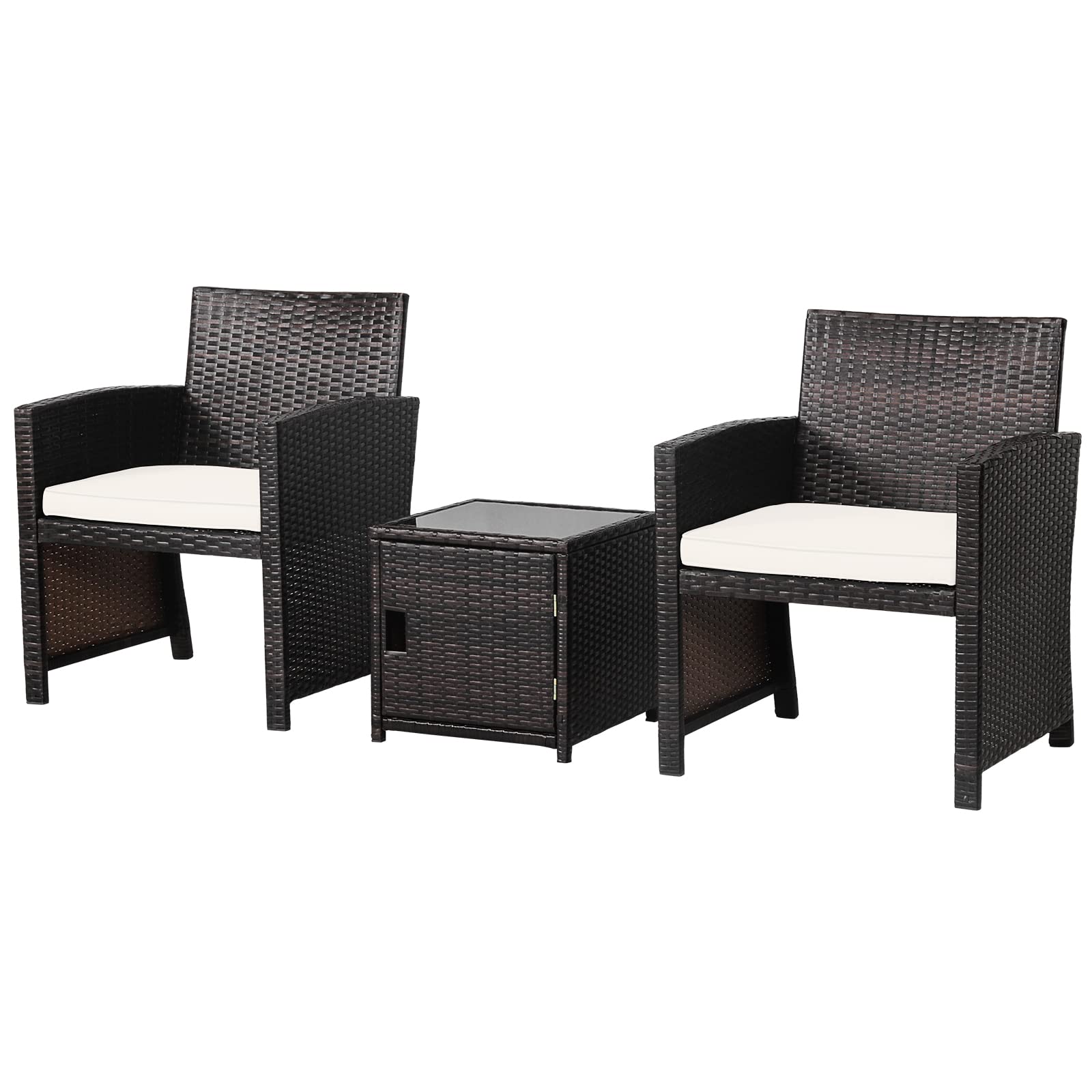 RELAX4LIFE 3-Piece PE Rattan Outdoor Patio Furniture Set with Cushions & Storage Coffee Table - White Wicker Bistro Conversation Set for Porch, Deck, Balcony, Poolside - Perfect for Relaxing, Entertaining & Outdoor Dining