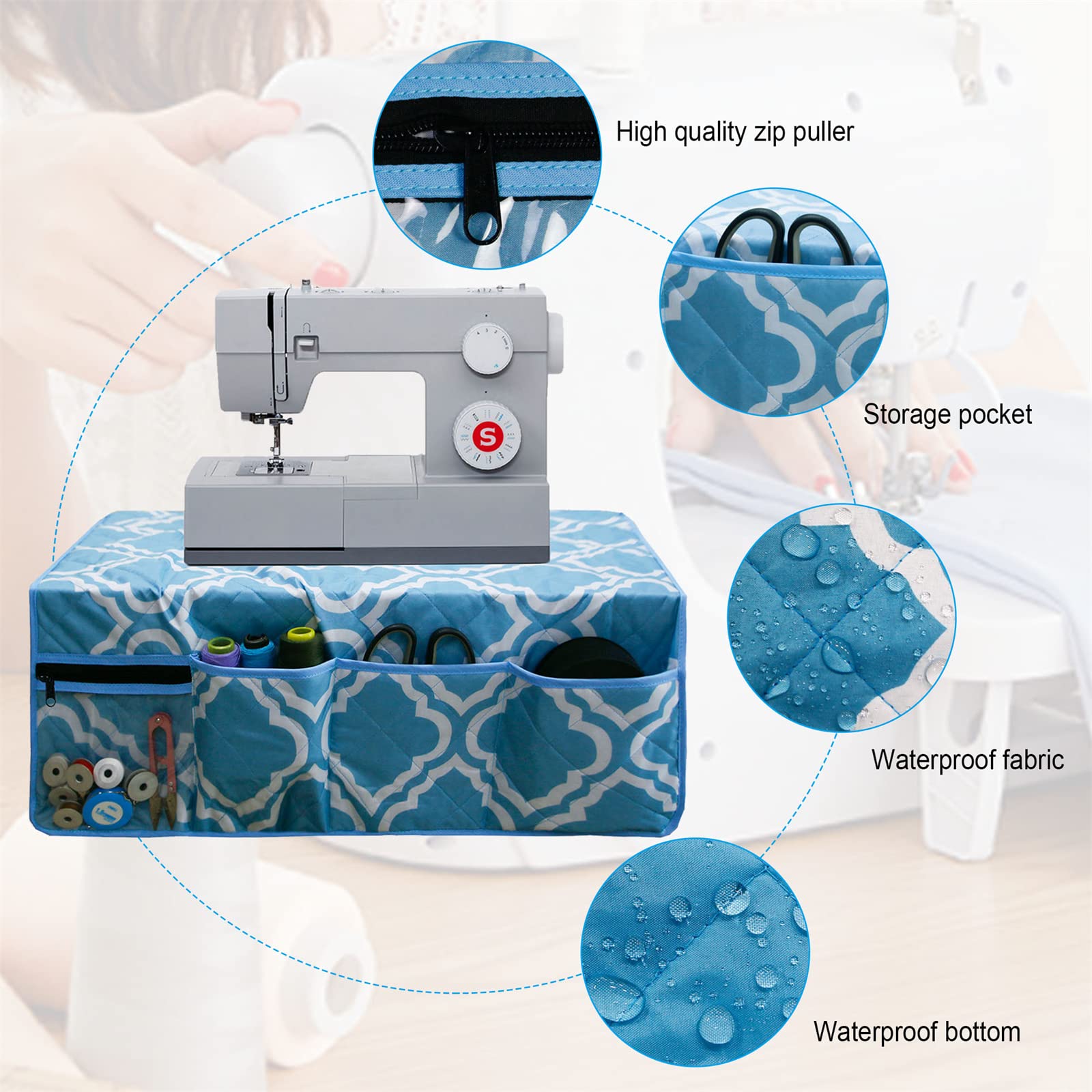 Non-Slip Sewing Machine Pad for Table with 4 Storage Pockets - Dustproof Quilting Machine Cover - Blue Floral Pattern Sewing Accessories Organizer - Perfect for Craft Rooms, Quilting Stations & Home Sewing Projects