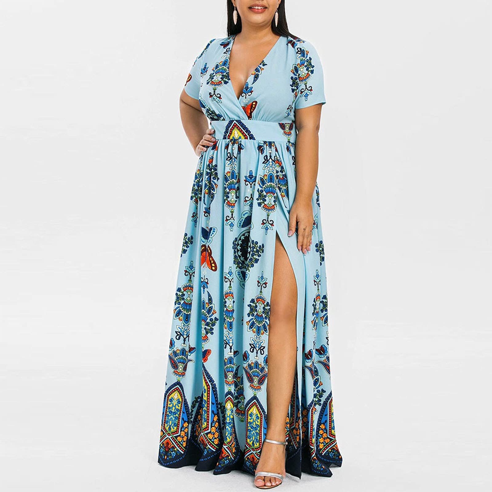 2024 Plus Size Summer Dresses for Women - Boho Print High Low V-Neck Maxi Beach Dress for Wedding Guest & Casual Wear | Perfect for Beach Vacations, Garden Parties & Summer Outings