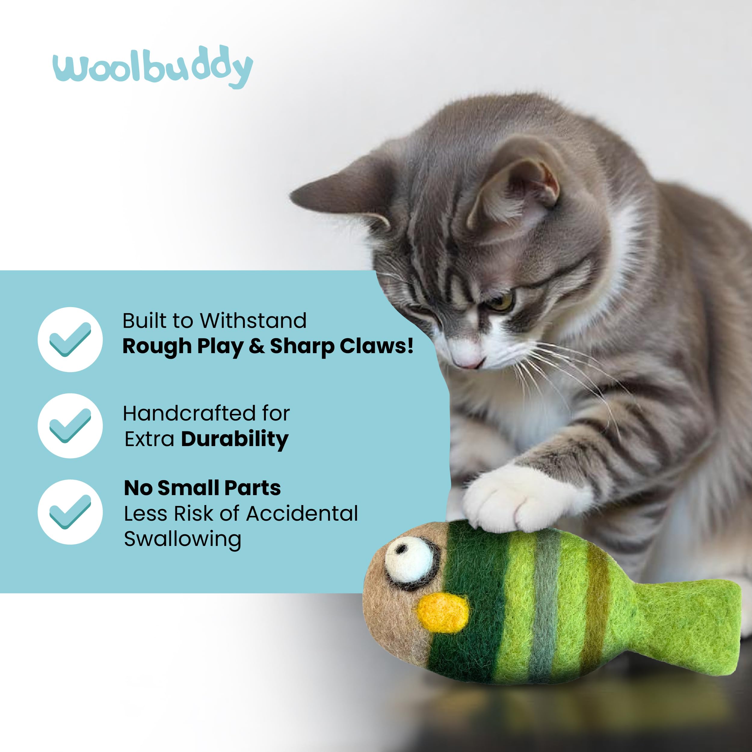 Woolbuddy Cat Toys - 3-Piece Interactive Fish Set for Indoor Cats, No Catnip Needed, Soft & Safe for Teeth & Paws, Kitten Enrichment Toys - Perfect for Playtime, Training & Boredom Relief