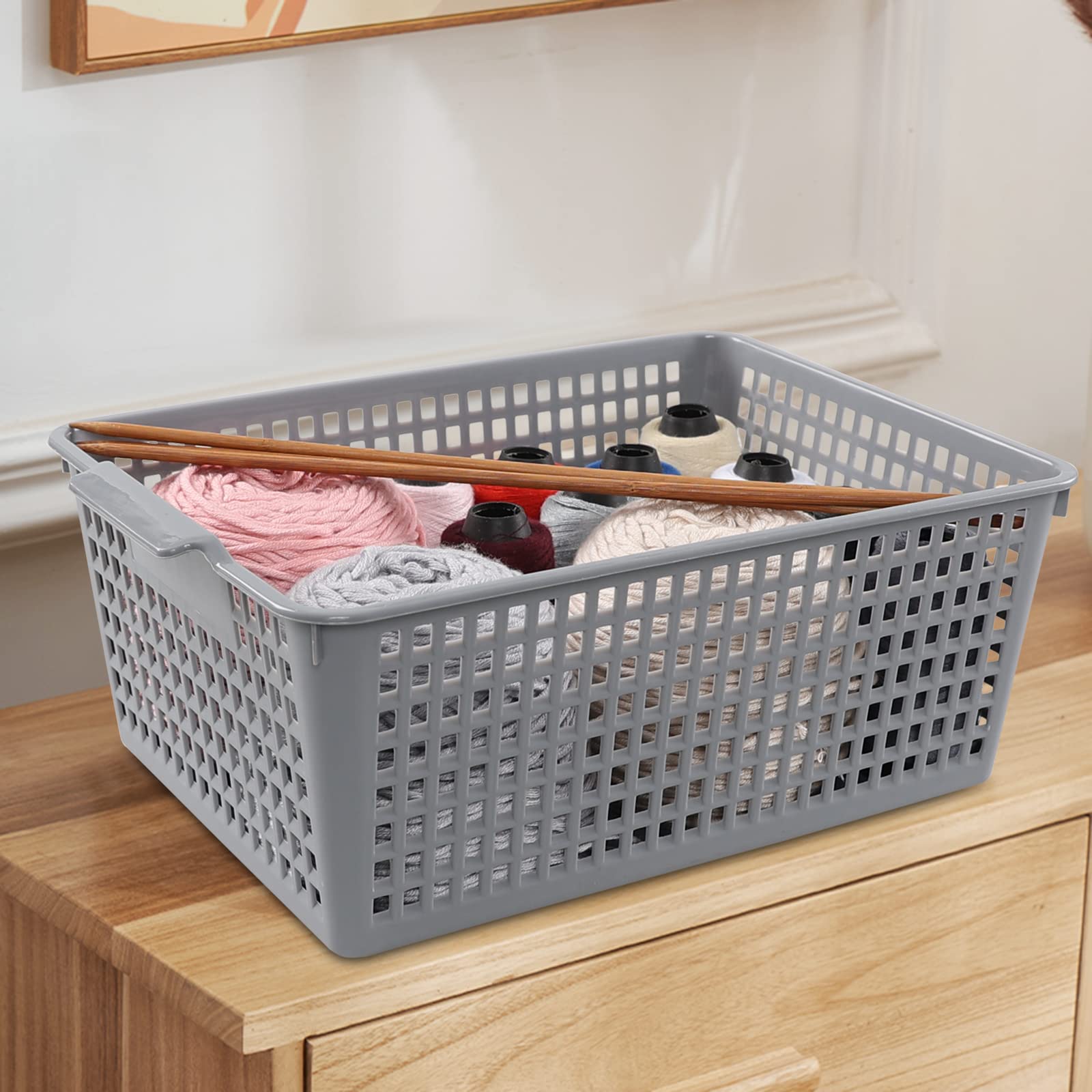 3-Pack Large Plastic Storage Baskets - Grey for Home & Office Organizing