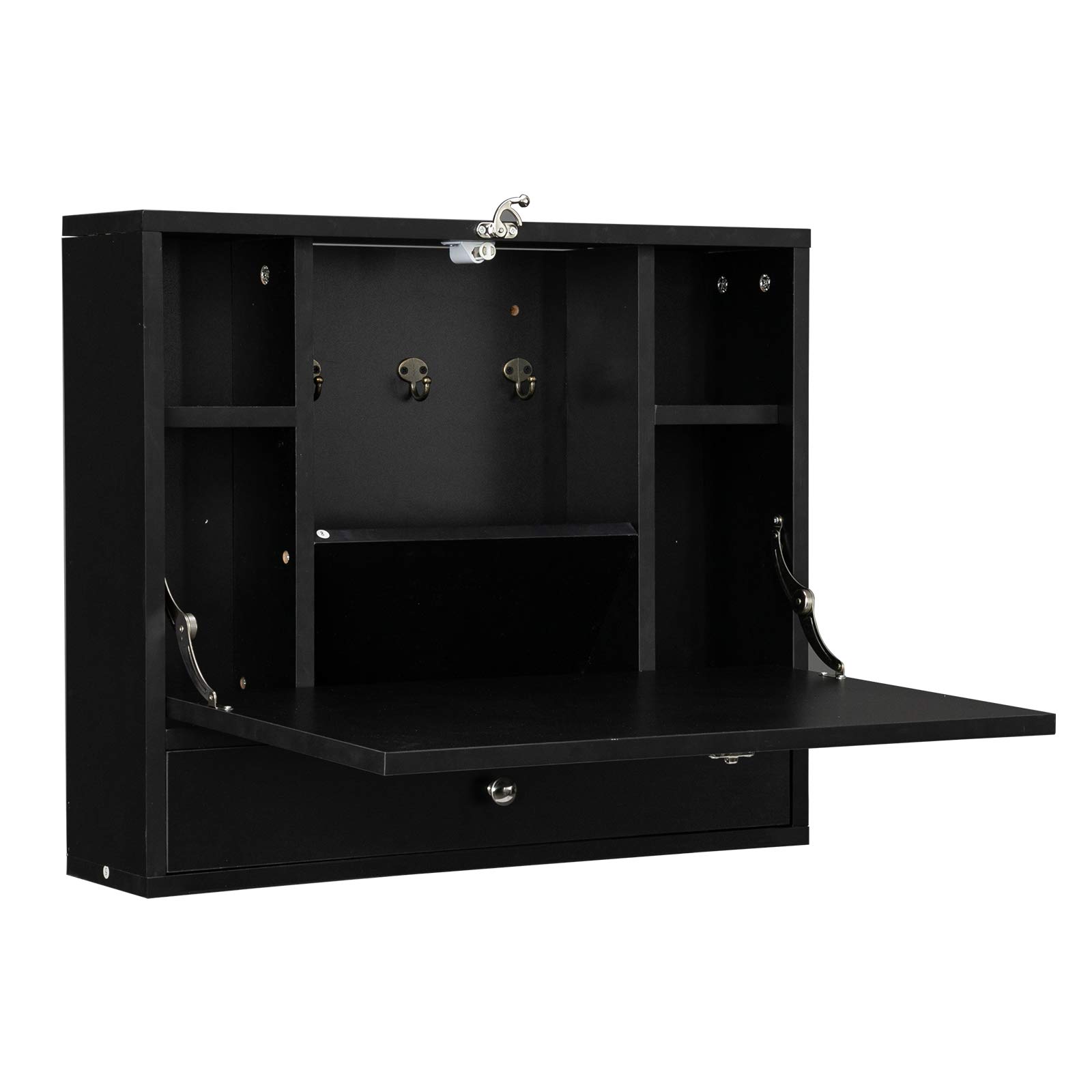 Enchi Wall Mounted Folding Desk - Multi-Function Laptop & Writing Table with Storage Shelves | Space-Saving Home Office Solution for Small Rooms & Apartments (Black)