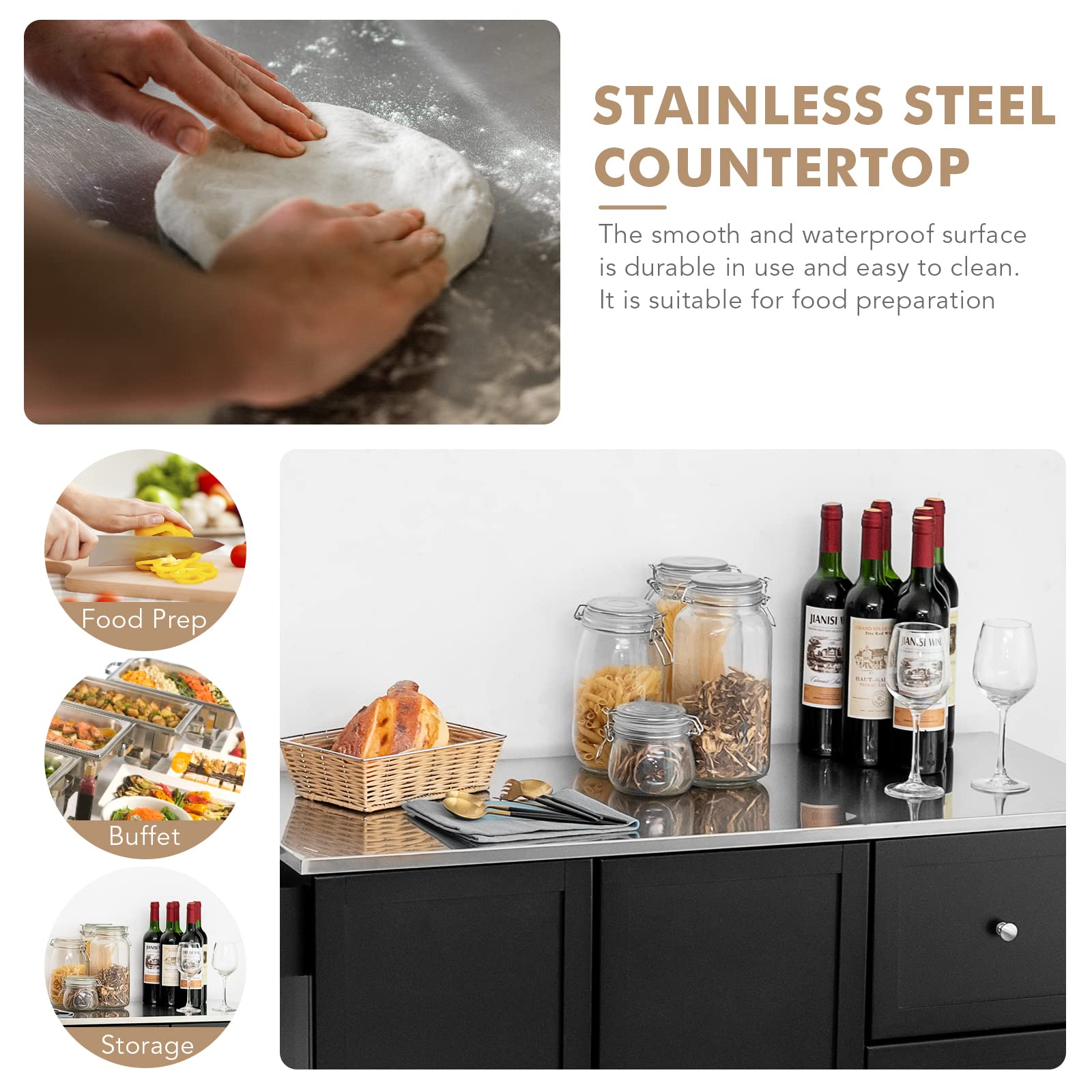 Giantex Kitchen Island with Stainless Steel Countertop - Mobile Kitchen Cart with 3 Drawers, Adjustable Shelves, 2-Door Cabinet & Spice Rack - Perfect for Small Kitchens, Food Prep & Extra Storage Space