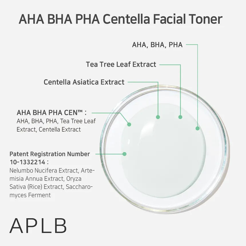 APLB AHA BHA PHA Centella Facial Toner 160ml - Korean Skin Care for Acne, Pores & Brightening | Hydrating & Exfoliating Toner for Sensitive Skin | Daily Use, Morning & Night Routine