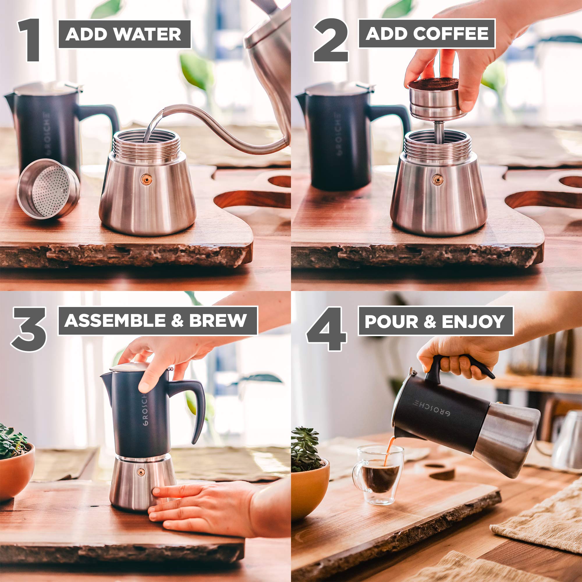 GROSCHE Milano Steel Stovetop Espresso Maker - 6 Cup Moka Pot for Induction, Electric & Gas Stoves | Stainless Steel Italian Coffee Maker | Dishwasher Safe | Perfect for Home, Office & Camping Coffee Brewing