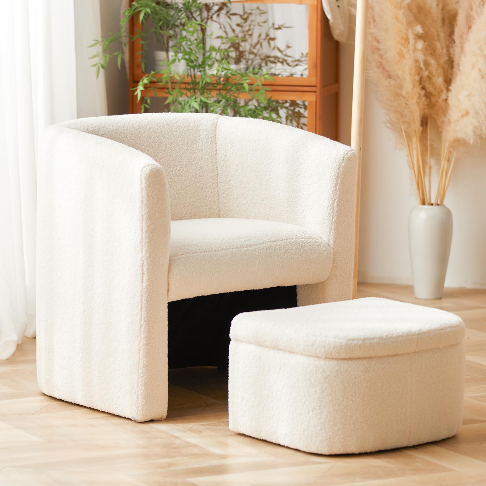 COLAMY Sherpa Barrel Accent Chair with Storage Ottoman - Modern Living Room Armchair, Cozy Lounge Seat for Bedroom, Office & Reading Nook - Cream Upholstered Comfort Chair (Perfect for Small Spaces & Relaxation)