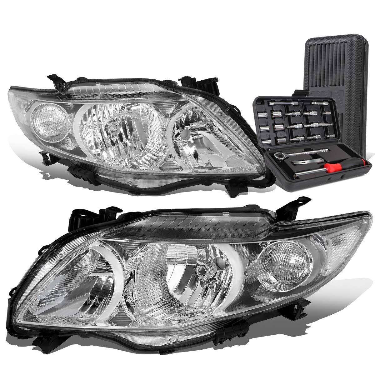 Auto Dynasty OE Style Chrome Housing Clear Corner Headlight Lamps with Tool Kit - Compatible with Toyota Corolla 2009-2010 | Easy Installation & Enhanced Night Visibility for Safe Driving