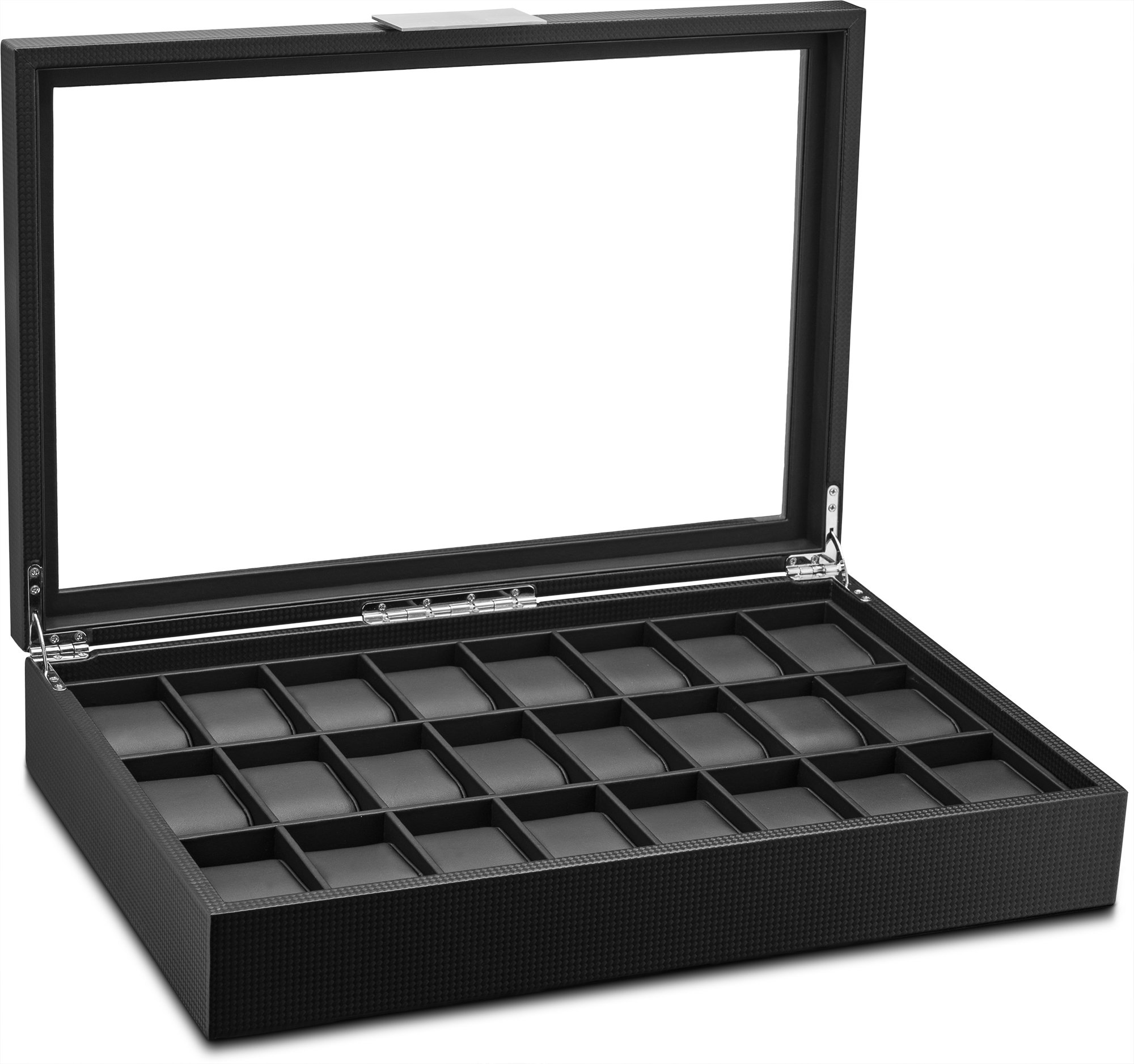 Premium 24-Slot Luxury Watch Box for Men - Carbon Fiber Design Watch Case Organizer with Glass Top & Metal Buckle - Perfect for Jewelry Watch Storage & Display - Ideal for Home, Office, and Travel Use
