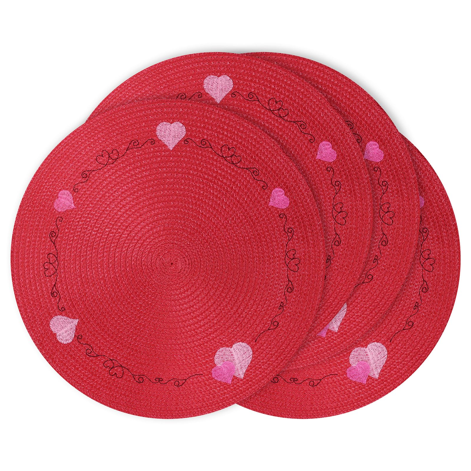 Valentine's Day Round Placemats Set of 4 - 13.5 Inch Red Heart Table Mats for Round Tables | Romantic Dinner Decor, Valentine's Day Party, Holiday Table Setting, Home Decor Gift