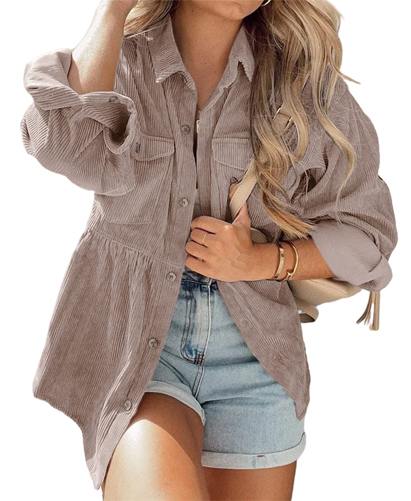 Women's Corduroy Peplum Top - Cute Long Sleeve Button Down Blouse with Pockets | Casual Office Wear & Fall Fashion Outfit