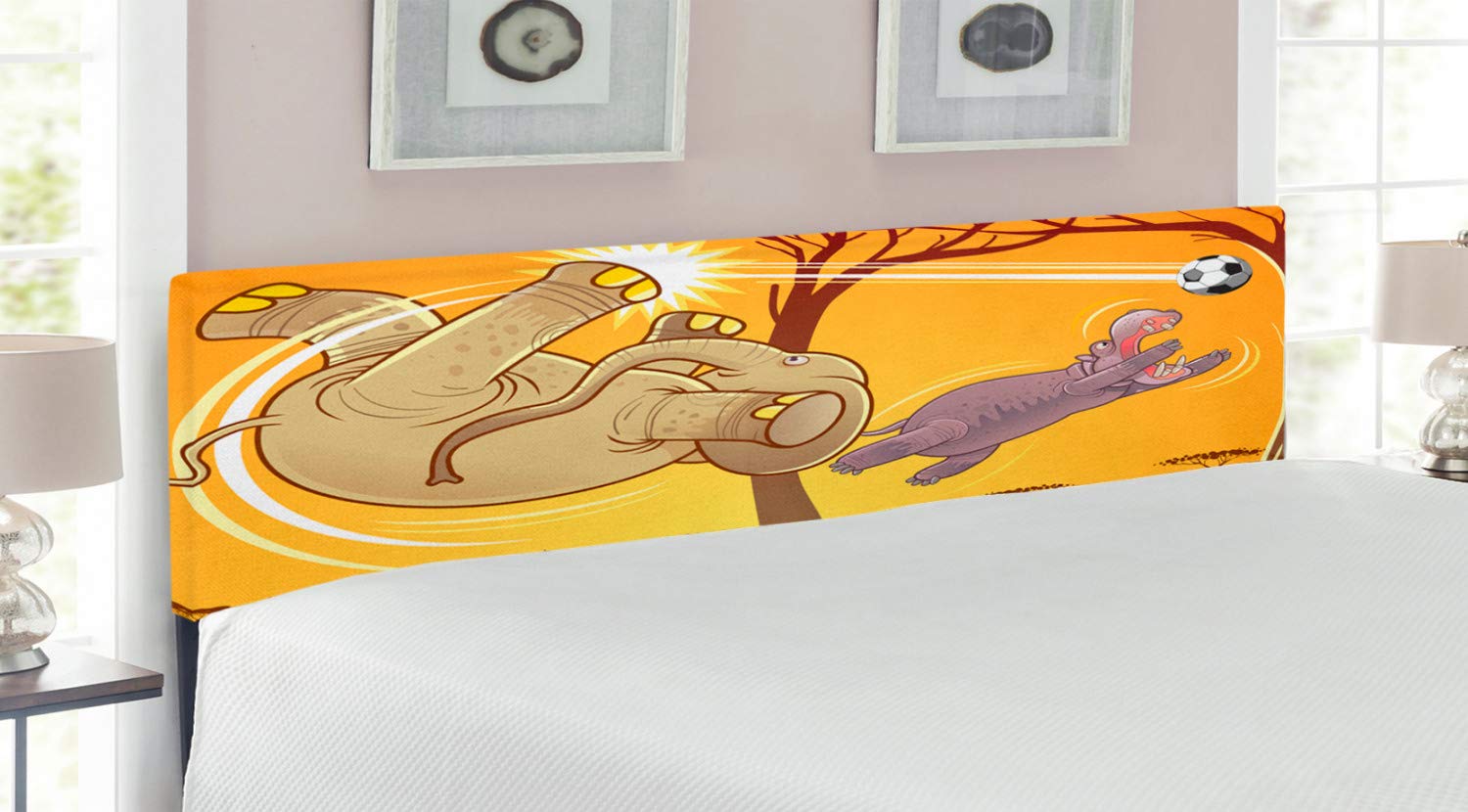 Ambesonne Elephant Headboard - King Size Upholstered Metal Bed Frame with Memory Foam, Cartoon Animal Print (Elephant & Hippo Playing Football) in Orange Umber Purple - Perfect for Kids' Bedroom, Nursery or Themed Guest Room Decor
