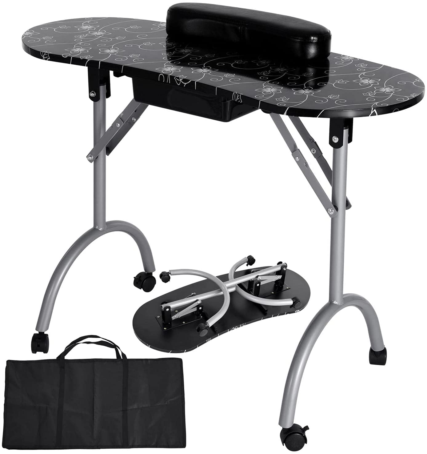 Portable Folding Nail Tech Station with Wheels - Adjustable Manicure Table for Home Spa & Salon, Includes Wrist Cushion, Storage Drawer & Carry Bag - Perfect for Mobile Nail Technicians & Beauty Professionals On-The-Go