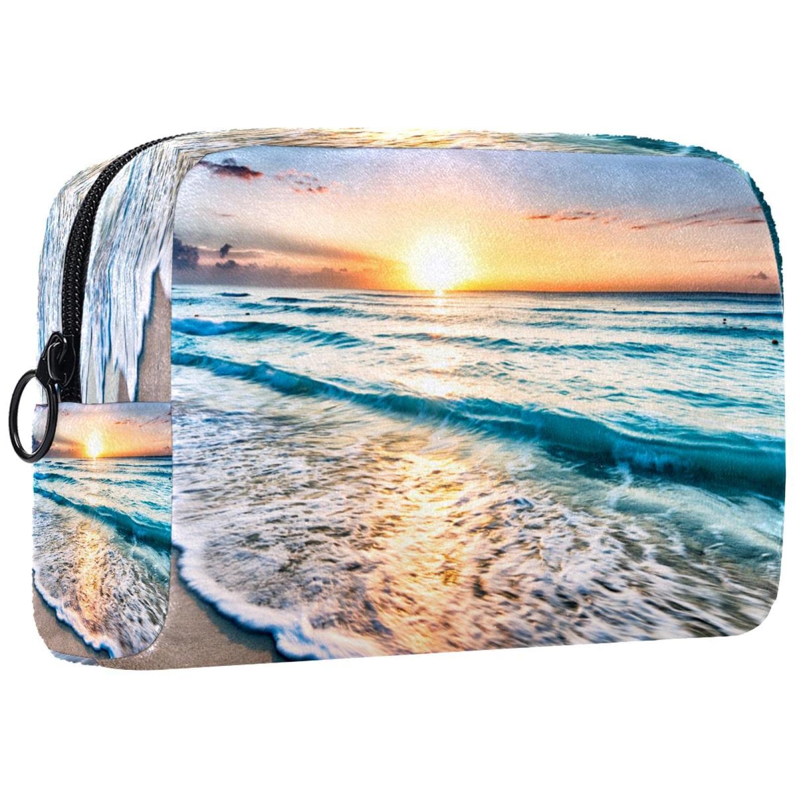 Small Makeup Bag for Women - Waterproof Travel Cosmetic Organizer with Sunrise Beach Print | Perfect for Travel, Gym & Daily Essentials Storage