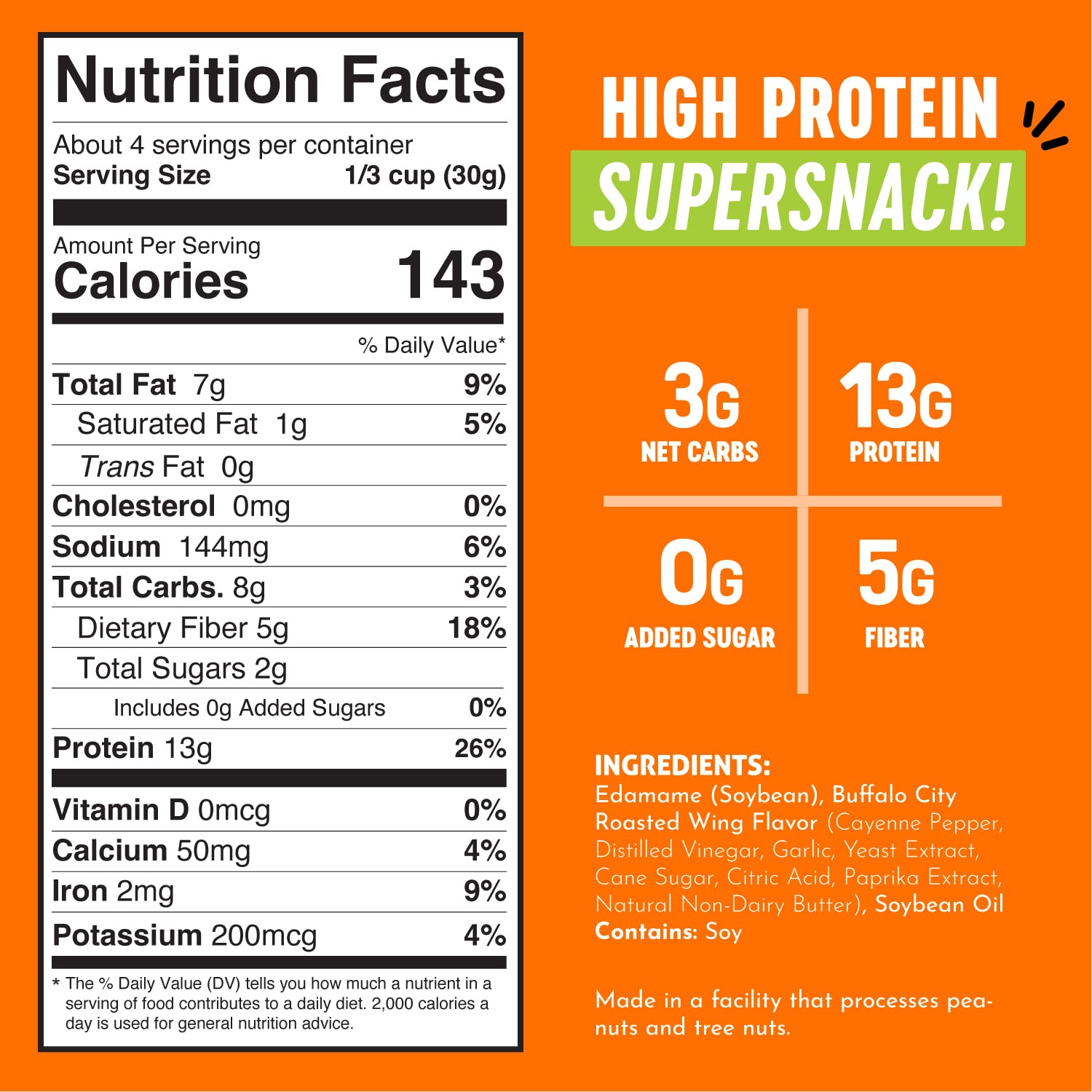 Crunchy Roasted Edamame Beans (Buffalo Flavor) - Keto, Vegan, Gluten-Free, Low Carb High Protein Snacks for Adults & Kids - Healthy On-the-Go Snack for Work, School, Hiking & Road Trips - 4oz (3 Pack)