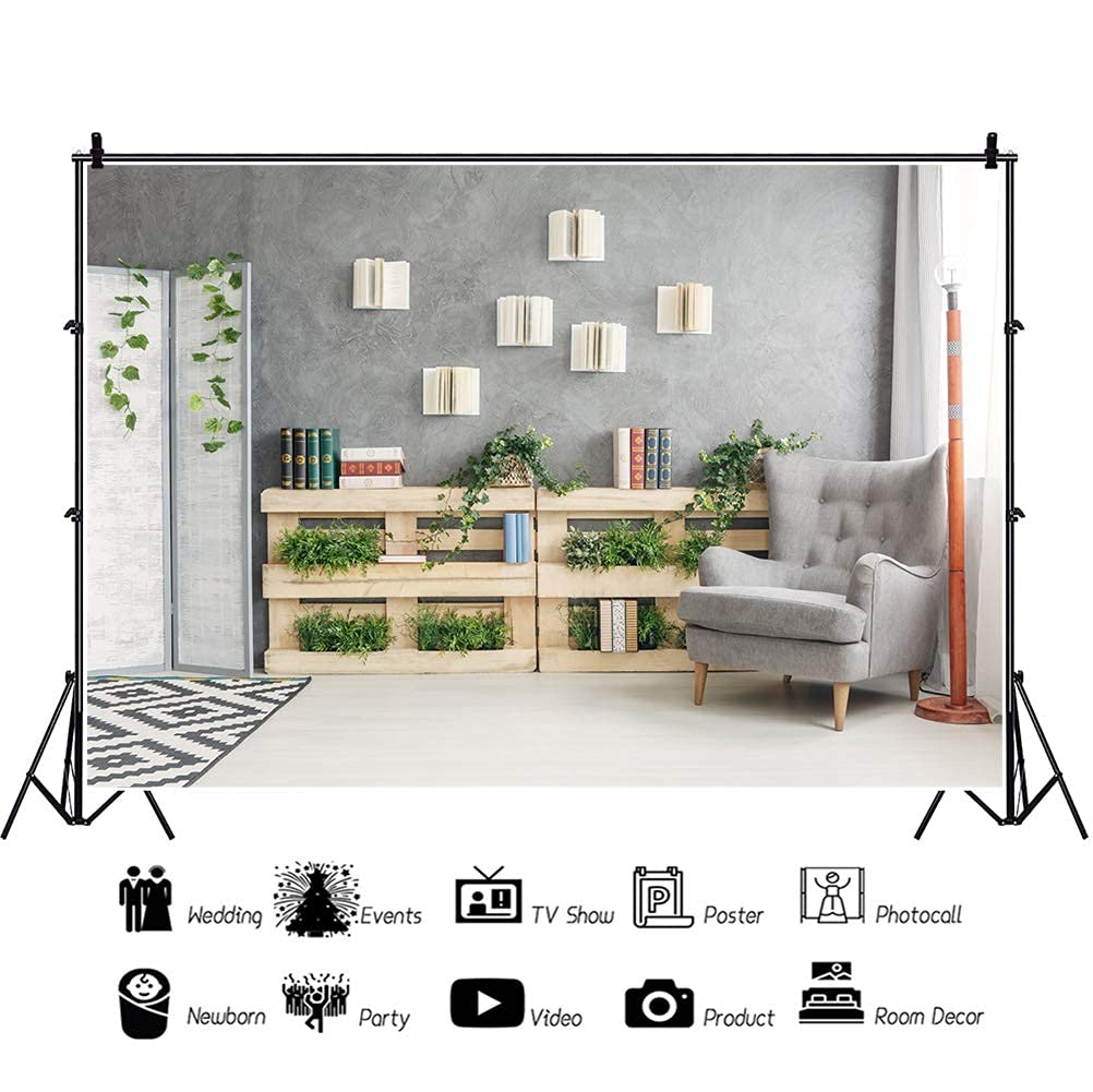 YongFoto 10x7ft Photography Backdrop - Wooden Bookshelf with Green Plants & Grey Armchair - Modern Home Decor Background for Portrait Studio, Live Videos, YouTube Content, and Interior Design Photography