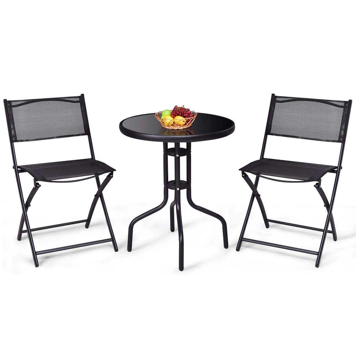 3-Piece Outdoor Bistro Set with Round Table & 2 Folding Chairs - Classic Black Patio Furniture for Garden, Yard, Park & Balcony | Perfect for Dining, Relaxing & Entertaining Outdoors