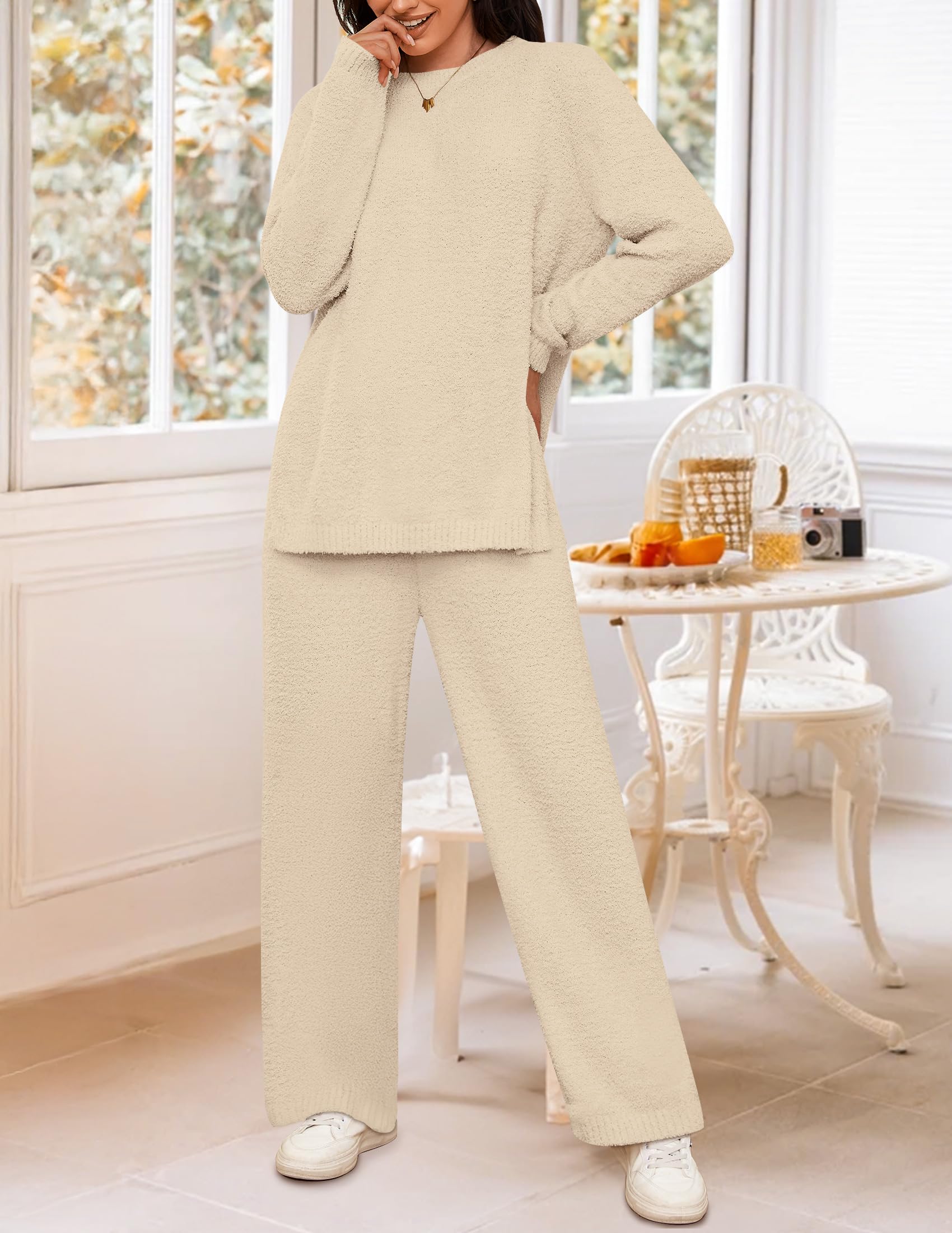 NENONA Women's Cozy Fleece Lounge Set - Oversized Tunic Sweater & Wide Leg Pants 2-Piece Loungewear Outfit | Soft Pajama Set for Relaxing at Home, Sleeping & Winter Comfort