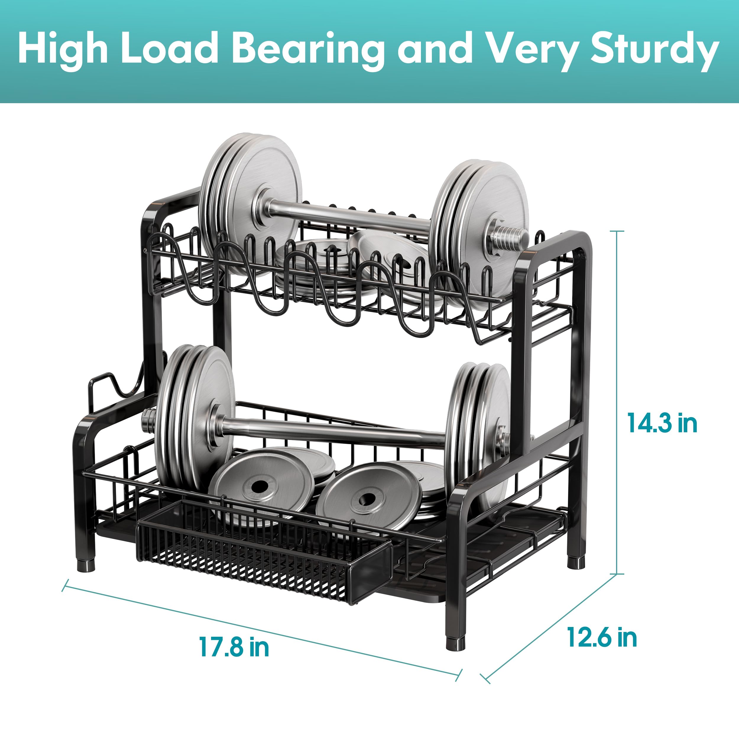 BOOSINY 2-Tier Stainless Steel Dish Drying Rack & Drainboard Set - Large Kitchen Counter Organizer with Cup Holder, Utensil Holder & Dish Strainer Shelf (Black) | Perfect for Small Kitchens, Apartments & RV Use