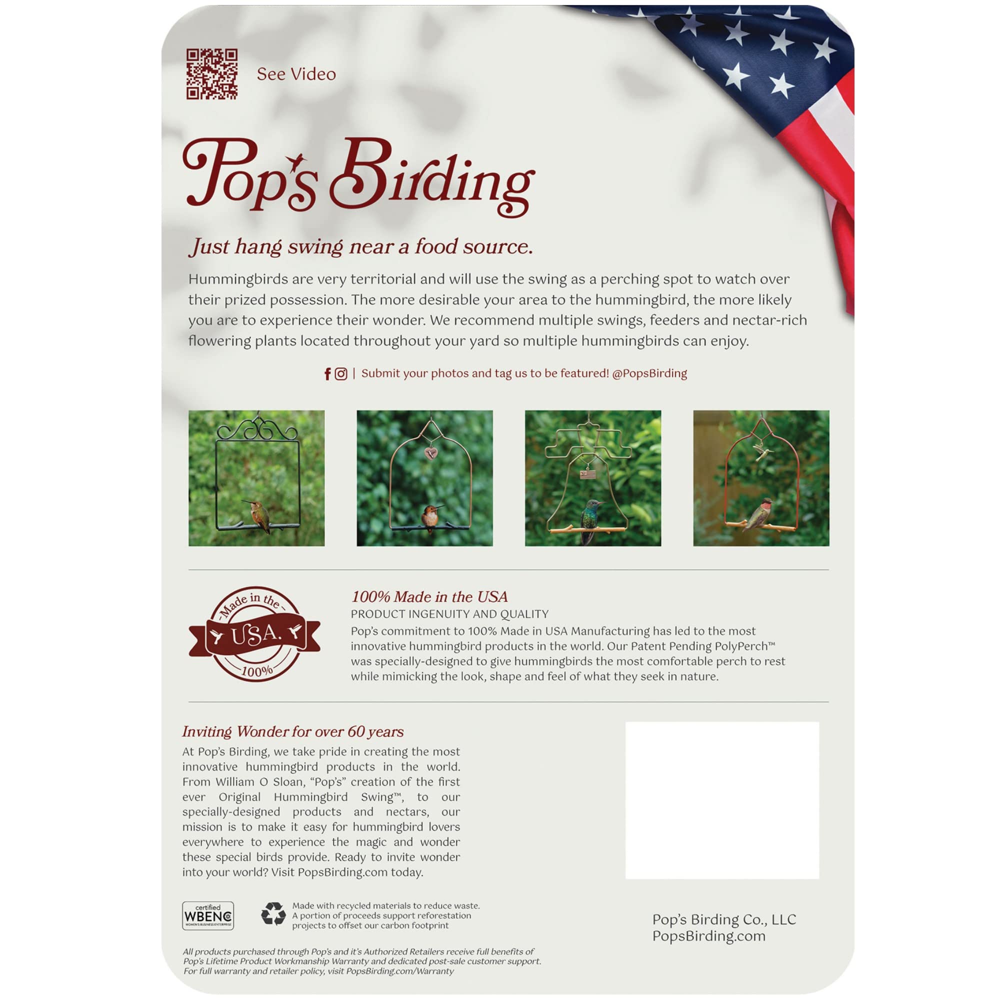 Original Hummingbird Swing for Outdoors - USA Made Bird Perch for Small Wild Birds | Perfect Backyard Birding Accessory | Durable & Weather-Resistant | Includes Hook - Ideal for Gardens, Patios & Nature Observation