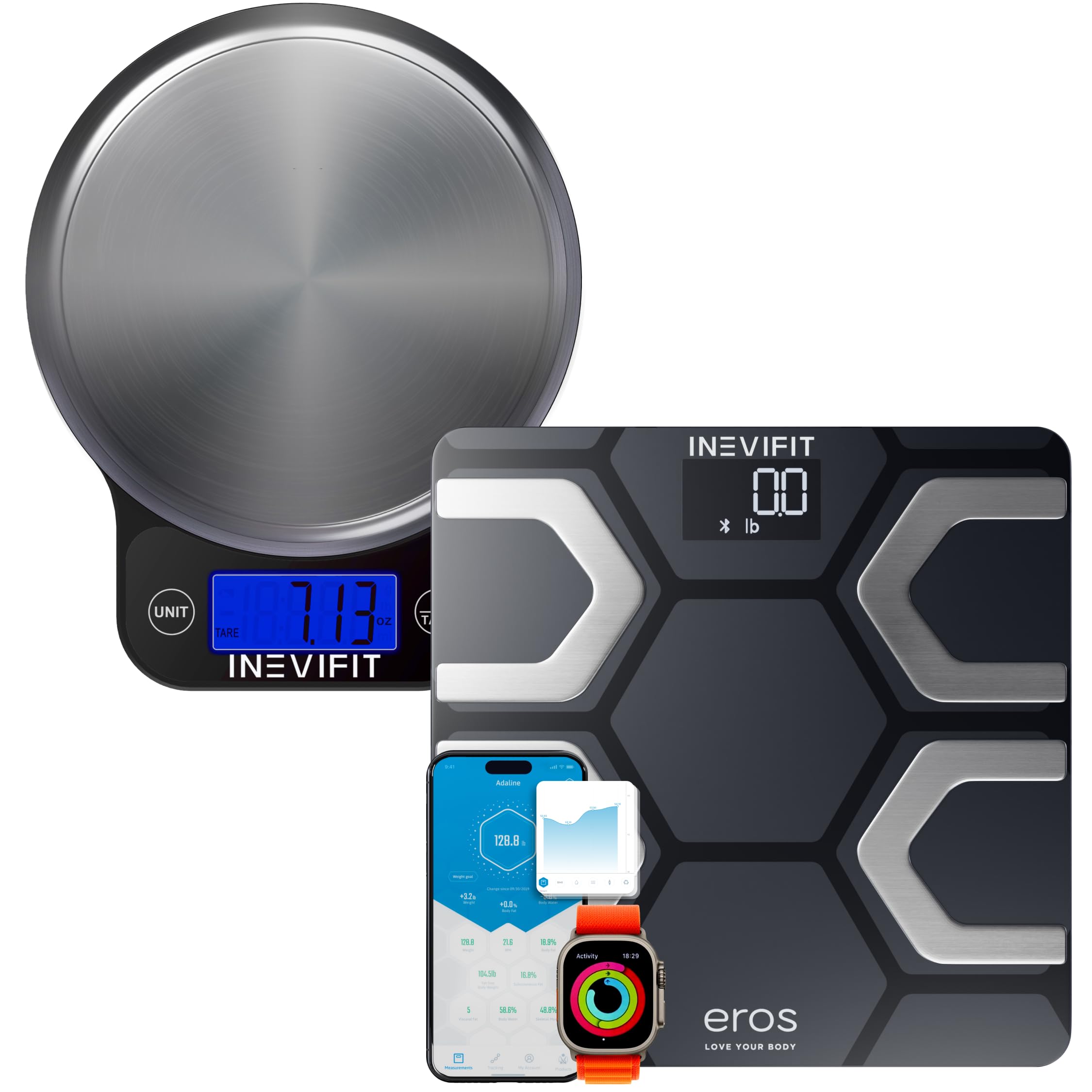 INEVIFIT EROS Bluetooth Smart Scale & Digital Kitchen Scale Bundle - Body Fat Monitor with Nutrition Tracking App | Perfect for Home Gym, Weight Loss & Meal Prep | Includes Batteries