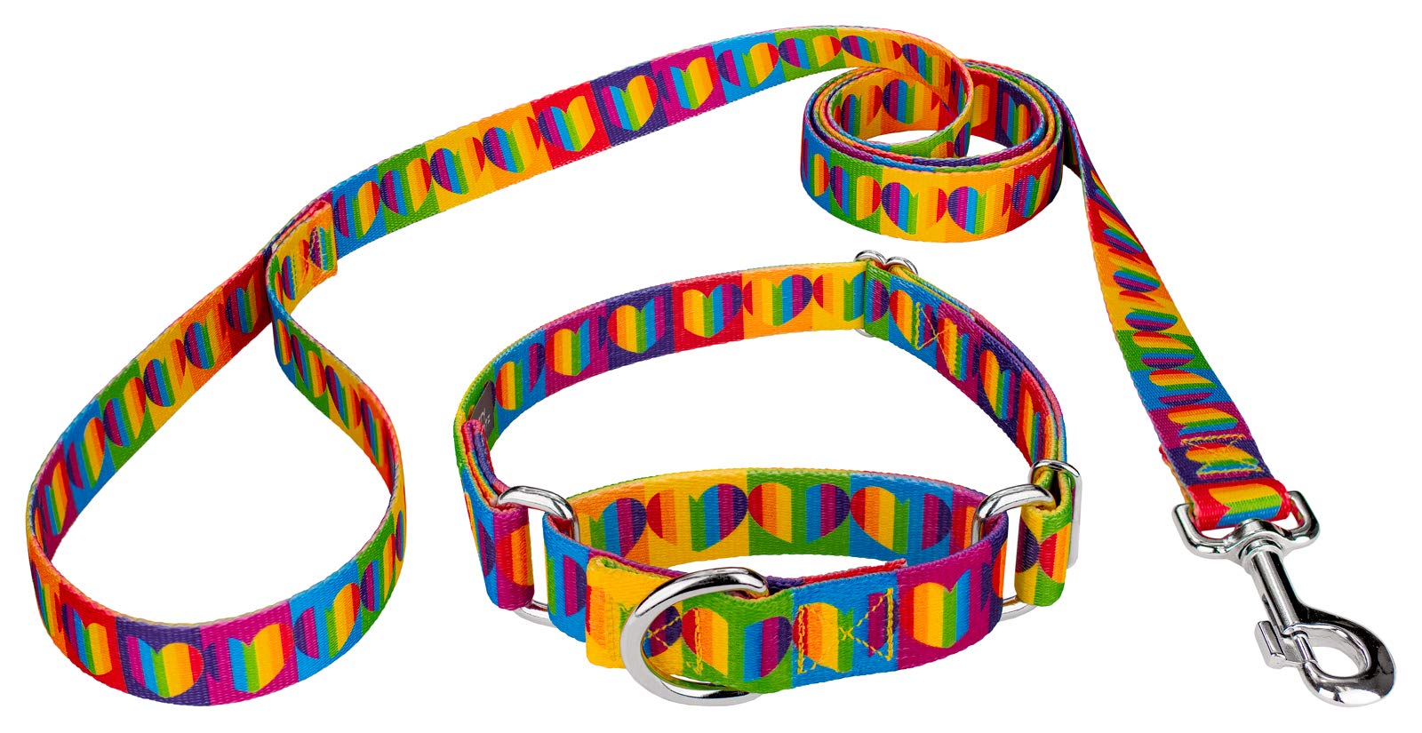 Country Brook Petz - Rainbow Hearts Martingale Dog Collar and Leash Set - Adjustable Soft Nylon Collar with Matching Leash for Small Dogs (1/2 Inch, XS) - Perfect for Walks, Training, and Fashion Accessories