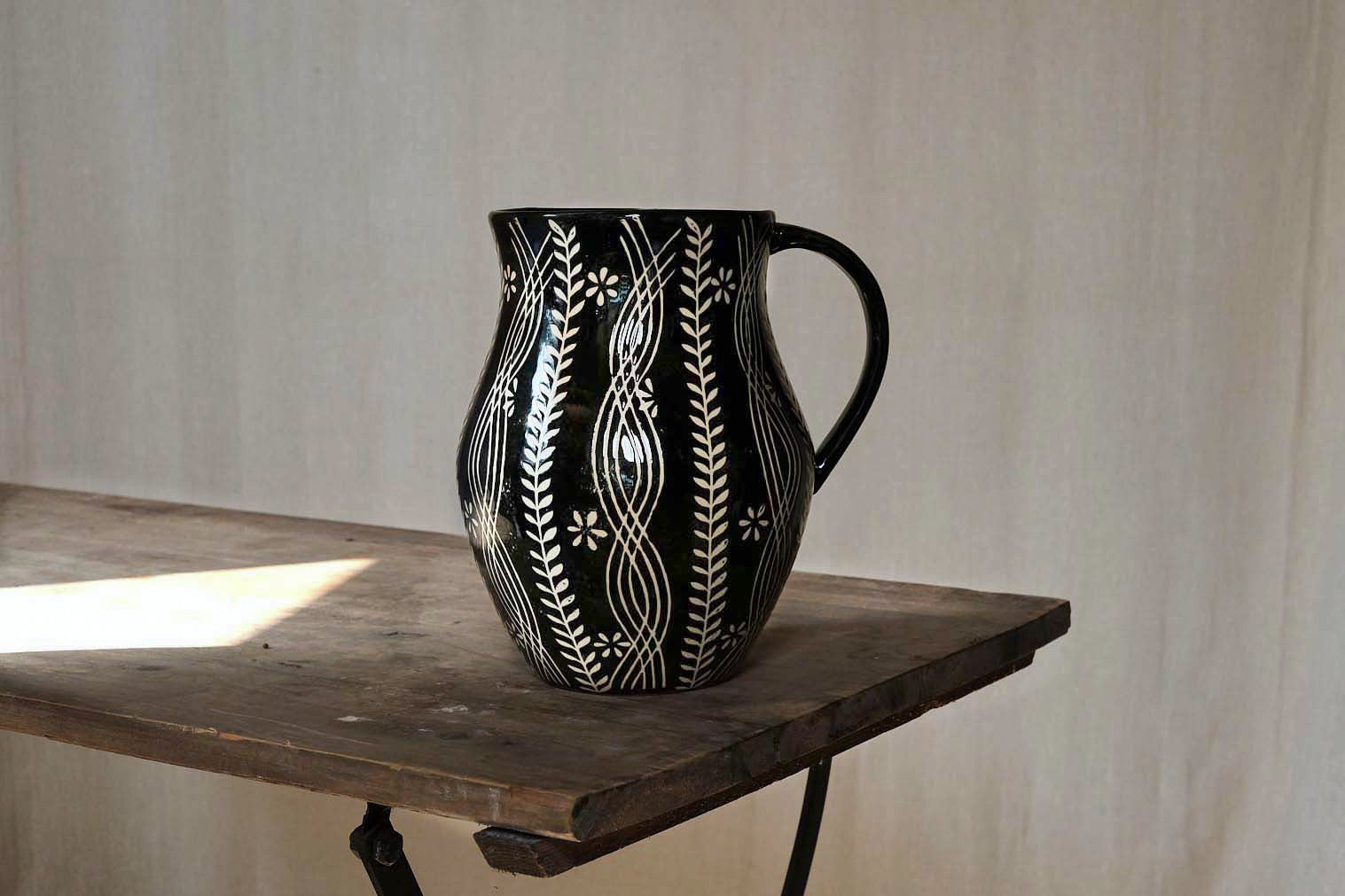 Stylish Black and White Folklore Jug - Handcrafted Ceramic Pitcher for Home Decor, Kitchen, and Rustic Farmhouse Style | Perfect for Serving Drinks, Display, and Gift Giving