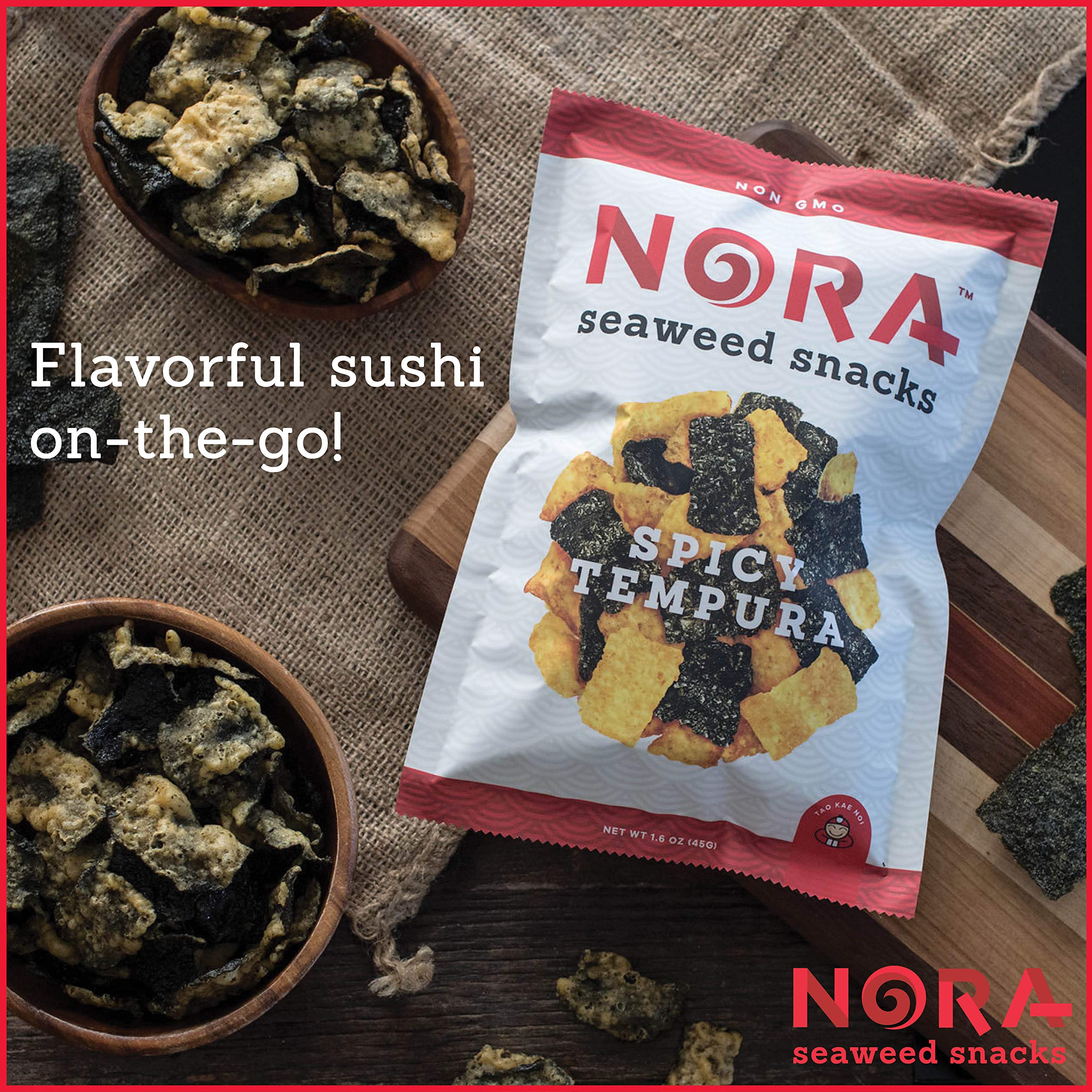 **Nora Spicy Tempura Seaweed Snacks - Thick Nori Sheets Snack Strips | Low-Carb, Vegan, Non-GMO Healthy Snacks for Adults | Asian-Inspired Crunchy Treats | Perfect for Office, Travel & Keto Diet | 6-Pack**