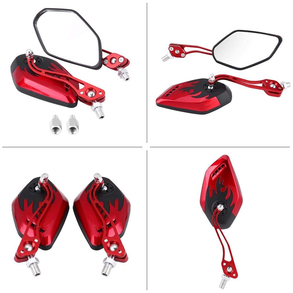 Universal Motorcycle Rear View Mirrors - 1 Pair Aluminum Flame Pattern Side Mirrors for Scooters & Bikes (Red) | Enhanced Safety & Style for Urban Commuting & Road Trips