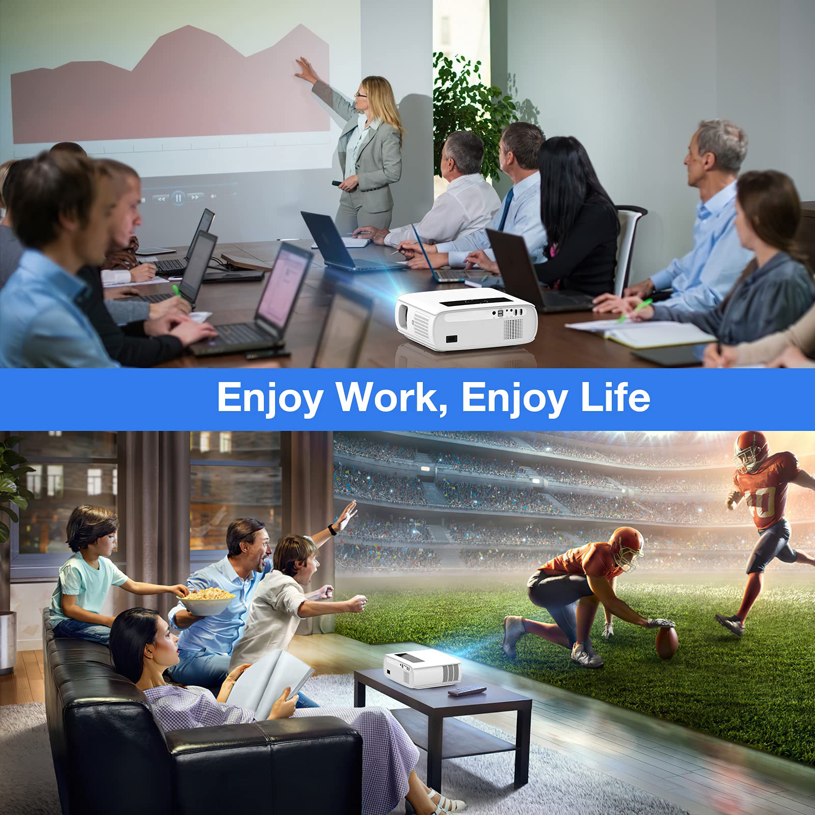 HOPVISION Native 1080P Full HD Projector - 9500Lux Brightness, 150000 Hours LED Life, 4K Support, 350