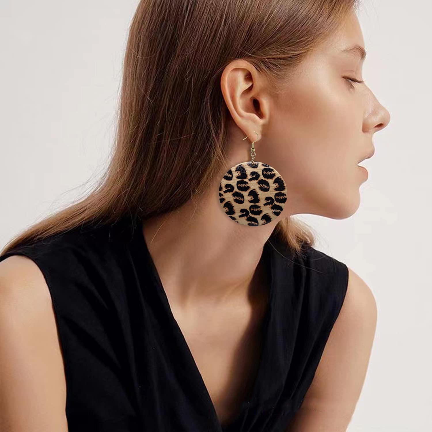 Leopard Print Lightweight Wood Dangle Earrings - Retro Geometric Hoop Earrings for Women - African Ethnic Natural Wood Jewelry for Casual Wear, Boho Outfits & Festival Fashion