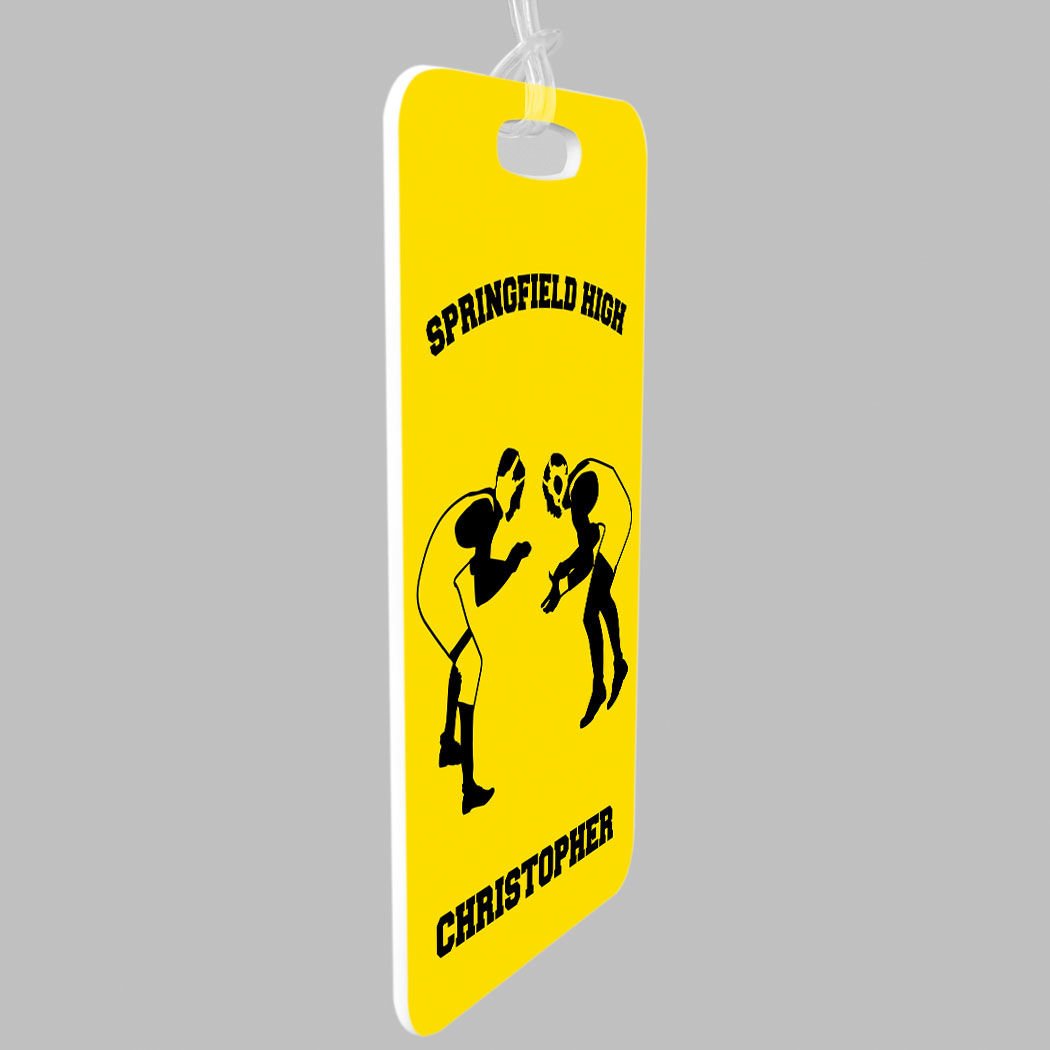 Personalized Wrestling Team Luggage Tag - Large Yellow & Black Bag Tag for Wrestlers | Durable Standard Lines on Back | Perfect for Travel, Gyms & Wrestling Tournaments