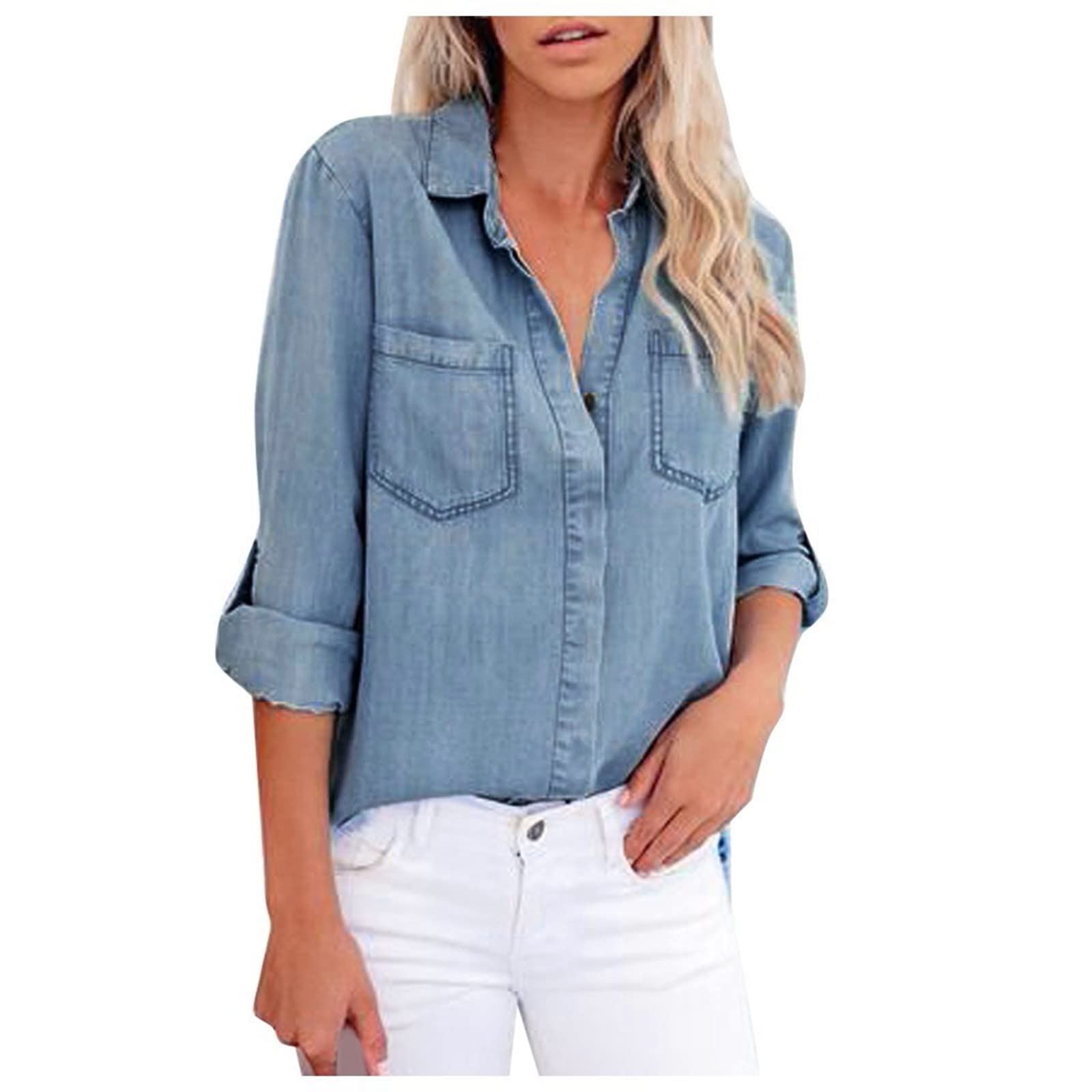 Women's Long Sleeve Denim V-Neck Blouse with Pocket - Casual & Dressy Tops for Work, Date Night & Everyday Wear