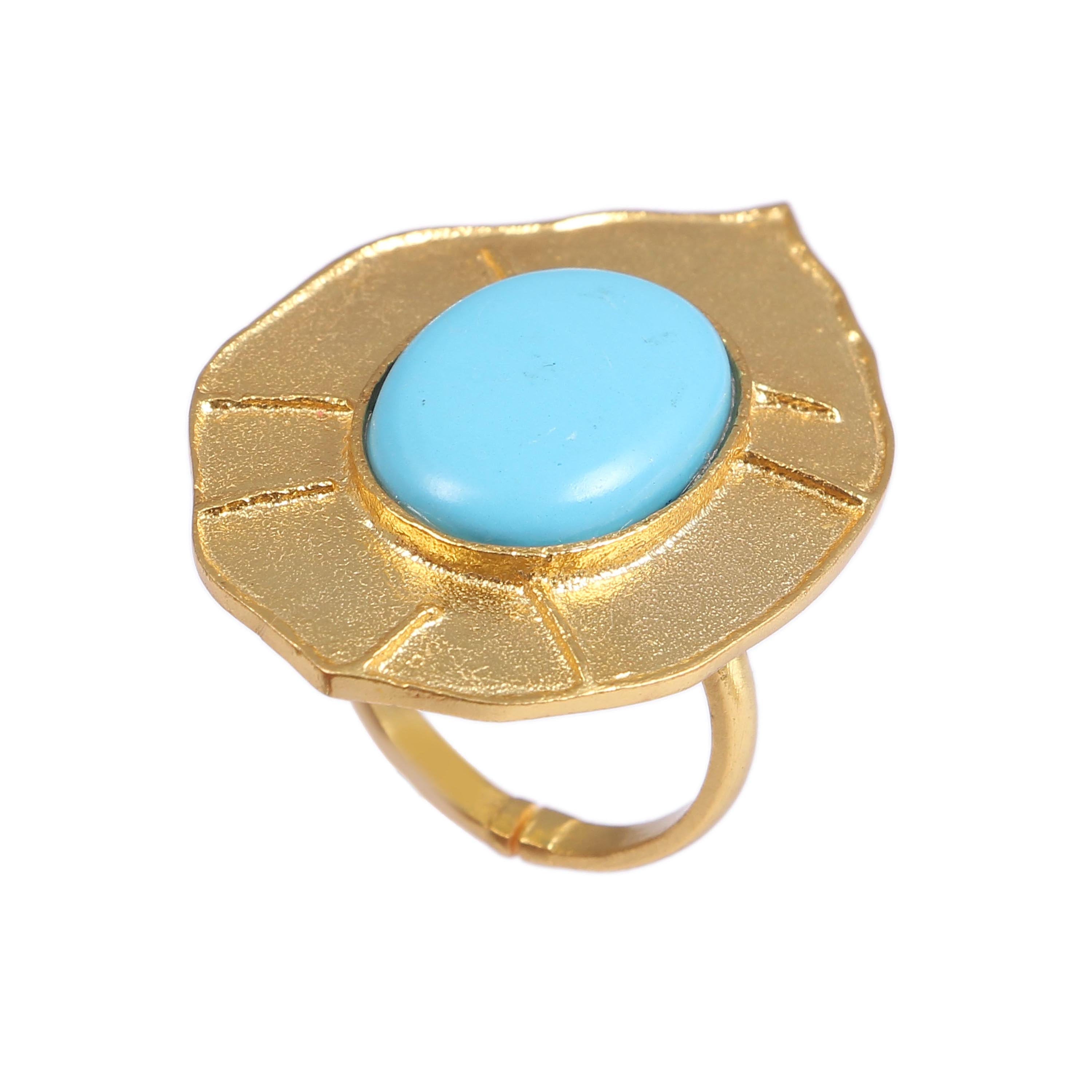 Handmade Boho Brass Gold Plated Oval Turquoise Gemstone Ring - Vintage Traditional Fashion Jewelry for Women, Perfect Gift for Her - Ideal for Weddings, Parties & Everyday Wear