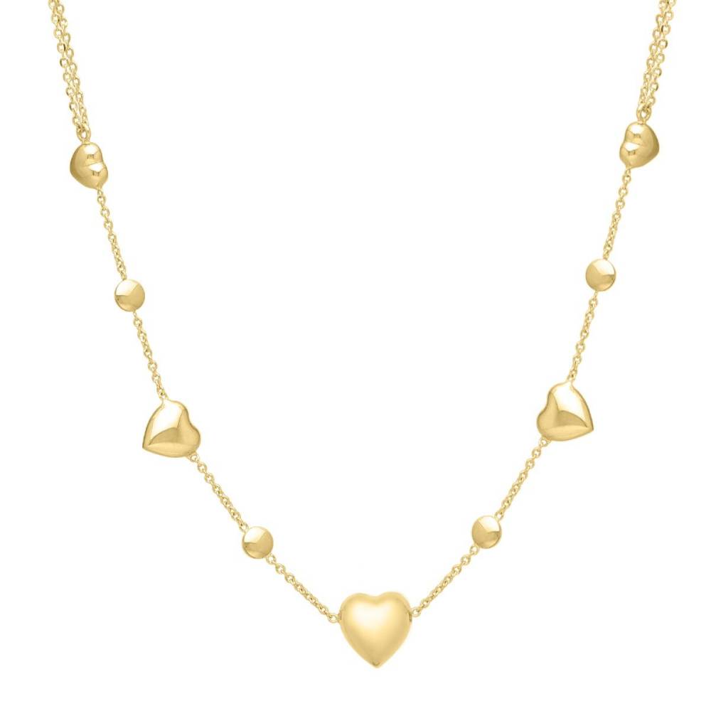 14K Yellow Gold Adjustable 16-17 Inch Puffed Heart Station Necklace for Women - Elegant Layering Jewelry for Valentine's Day, Anniversary & Everyday Wear