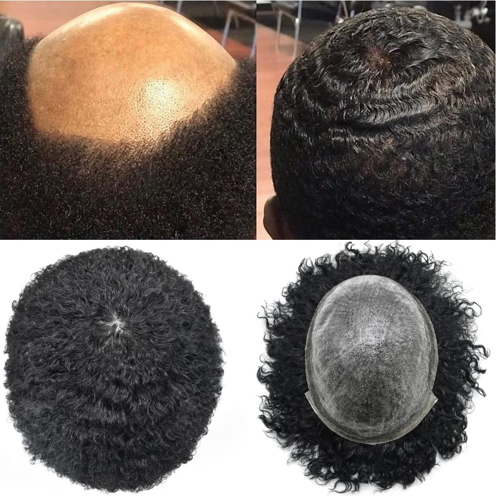 **Afro Curly Men's Toupee - Full Poly African American Hairpiece with Injected PU Skin - Kinky Curly Wigs for Black Men (8x10, Jet Black -10mm) - Perfect for Daily Wear, Cosplay & Special Events**