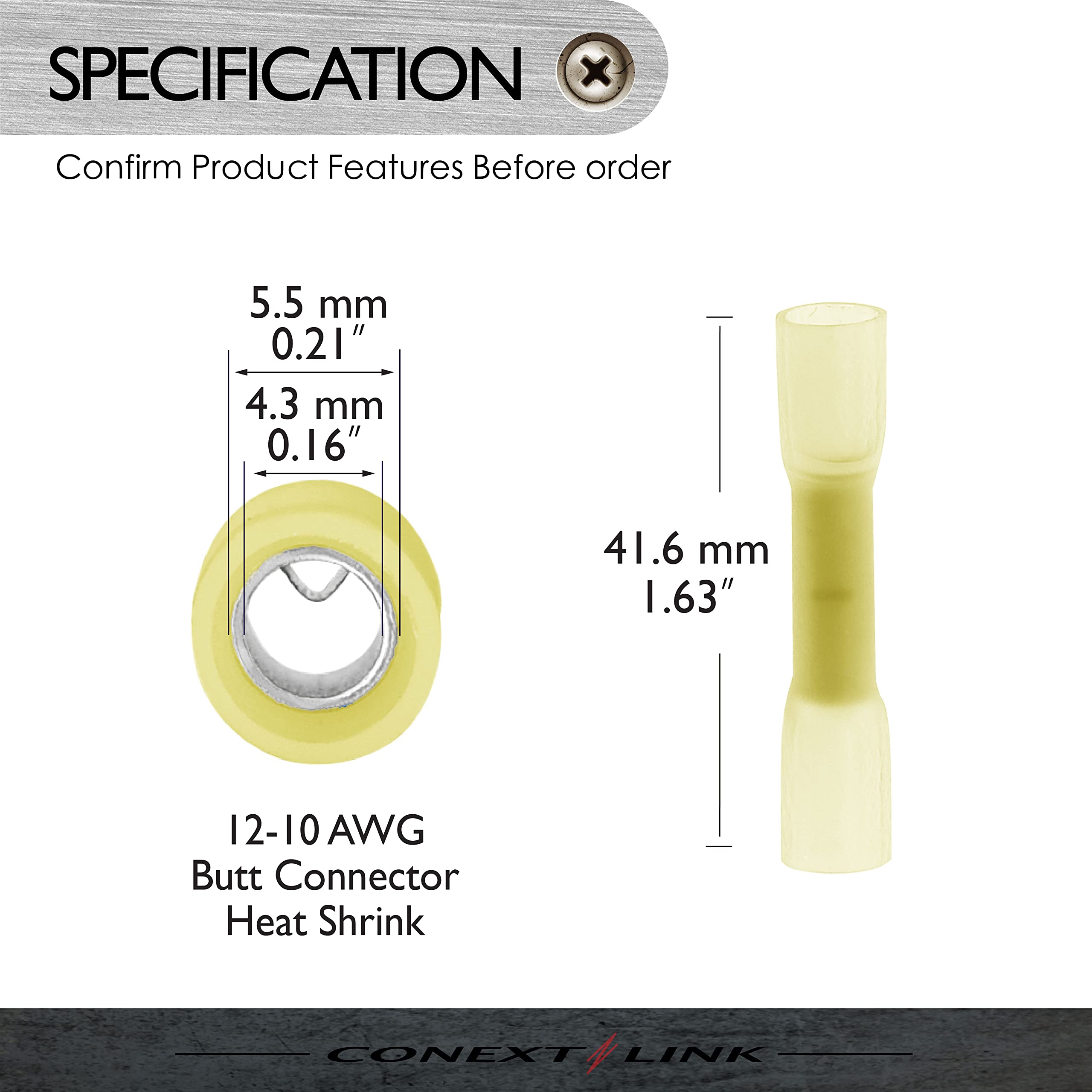 Conext Link BCHS-Y10 Heat Shrink Butt Connector 10 Pack (12-10 Gauge Yellow) - Waterproof Electrical Wire Connectors for Automotive, Marine & Home Wiring Repairs