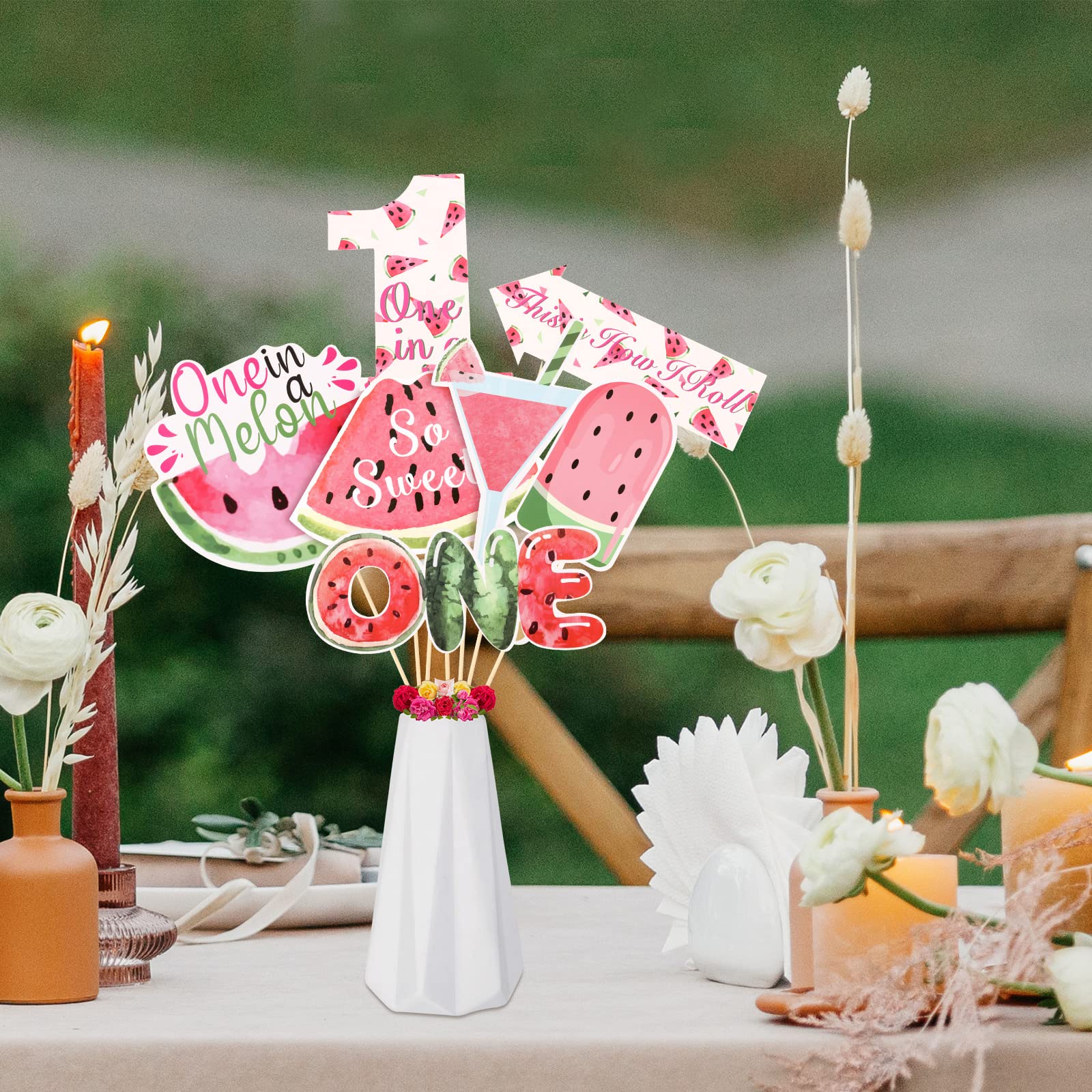 28 Pcs Watermelon Party Decorations - Summer Birthday Party Supplies, Centerpiece Sticks, Fruit Cutouts for Baby 1st Birthday, Baby Shower, Bridal Shower & Summer BBQ Decorations - Perfect for Indoor/Outdoor Events