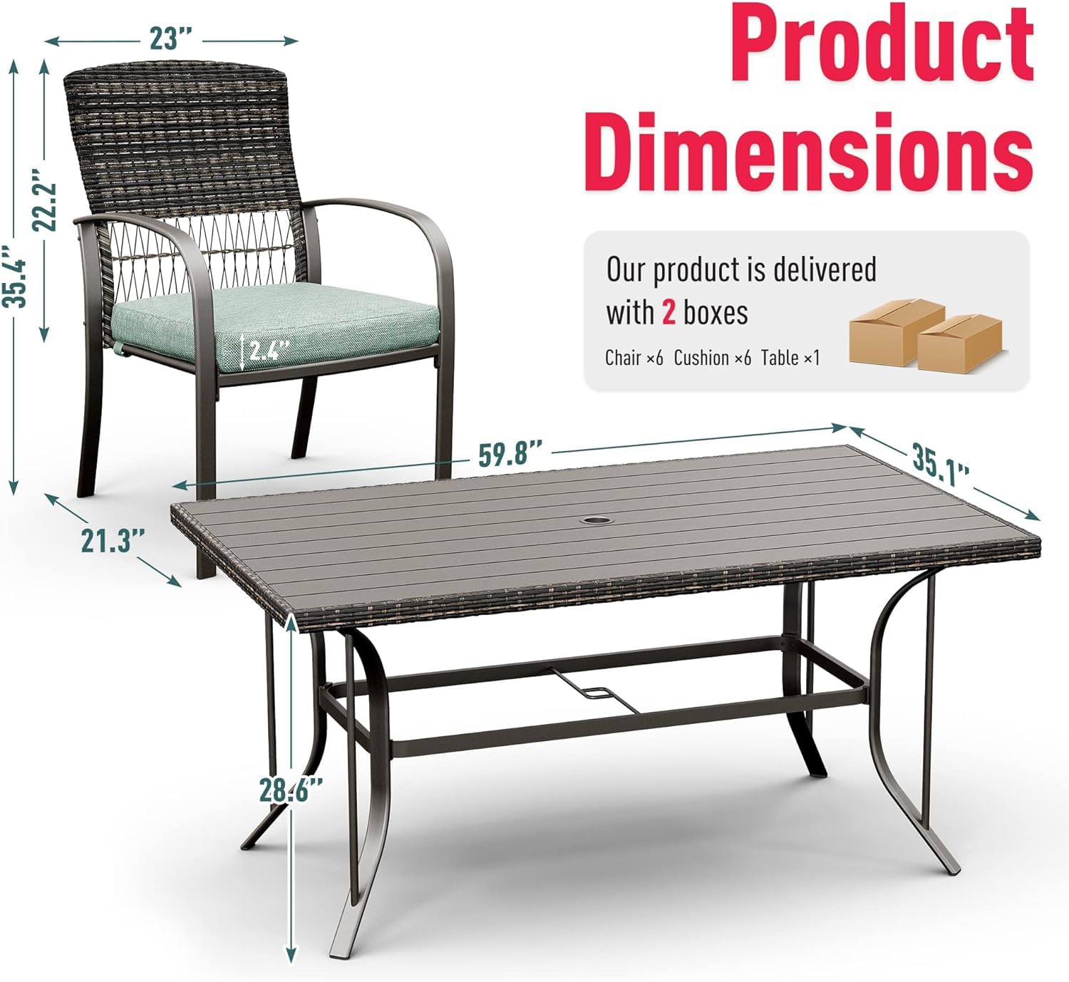 7-Piece Pamapic Patio Dining Set - Outdoor Wicker Furniture with Iron Slat Table & Removable Green Cushions for Backyard, Garden, Deck, Poolside | Perfect for Outdoor Entertaining & Al Fresco Dining
