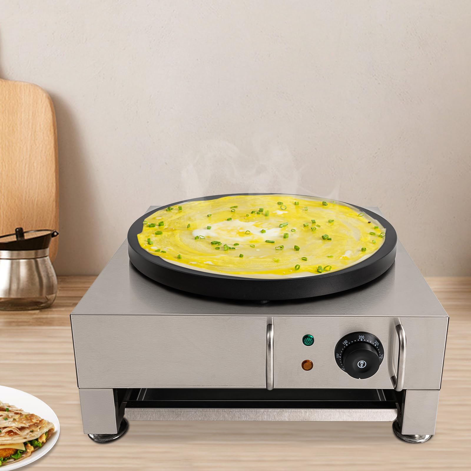 16 Inch Electric Crepe Maker - 2200W 110V Pancake Machine with Adjustable Temperature & Non-Stick Surface, Includes Wooden Spreader - Perfect for Breakfast, Brunch, Desserts & Commercial Crepe Making
