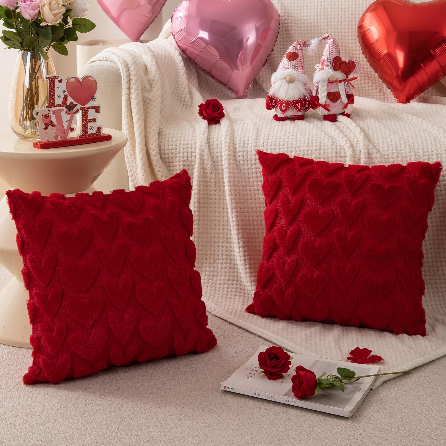 Valentine's Day Pillow Covers Set of 2 - 18x18 Inch Red Heart Plush Faux Fur Jacquard Throw Pillows for Sofa, Bedroom, Couch - Romantic Home Decor for Valentine's Day, Christmas, Holidays & Festivals - Perfect for Couples Gift & Cozy Home Decoration