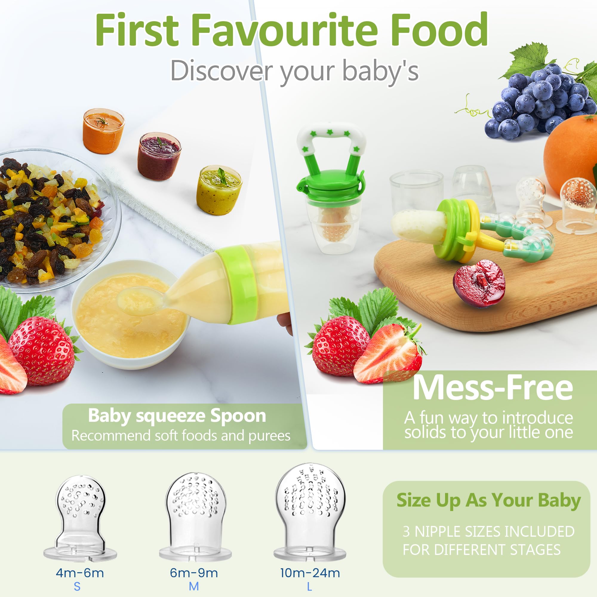 WAJIAYON Baby Fruit Feeder Pacifier - 5 Pack Set with 2 Silicone Teethers, 1 Food Dispensing Spoon | BPA-Free Mesh & Silicone Baby Food Feeder for Infants 6-12 Months | Perfect for Teething Relief, Fresh Fruit Snacks & On-the-Go Feeding (Green & Yellow)