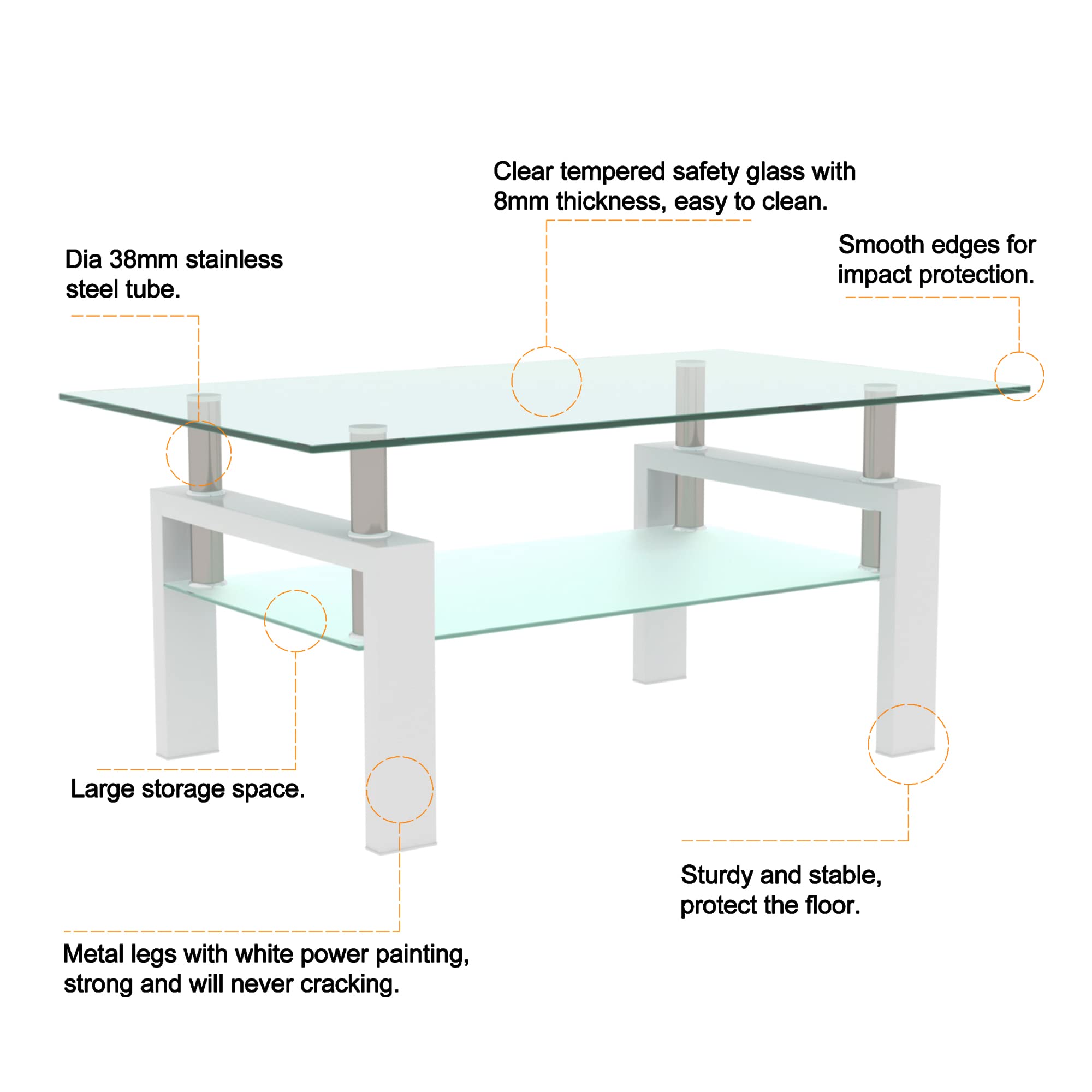 IANIYA White Modern Coffee Table with Metal Tube Legs & Tempered Glass Top - Rectangle End Table for Living Room, Office, or Lounge - Perfect for Home Decor & Entertaining Guests